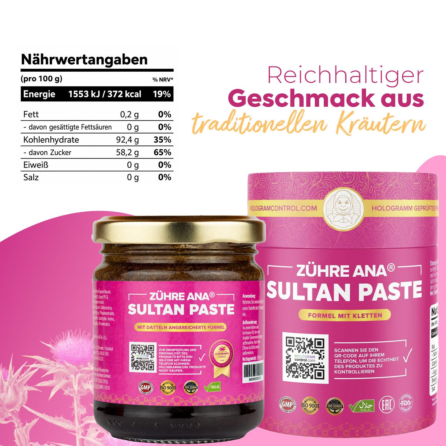 Zühre Ana® Sultanpaste – Paste mit Klettenwurzel, Mönchspfeffer und Schafgarbe Paste, 240 g, Sultanpaste–Natürliche Heilkräuter & Vitamin B12 Formel