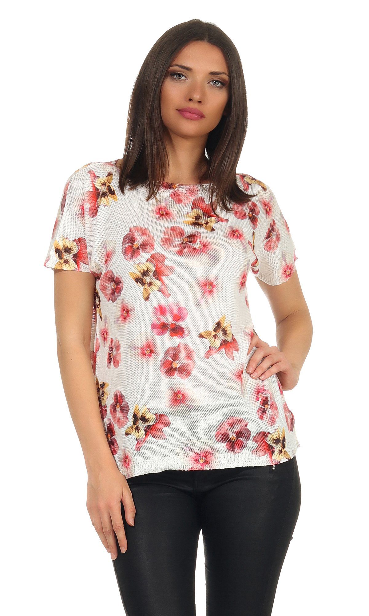 Mississhop Print-Shirt Damen weißes Shirt mit Blumen Tshirt Bluse 320