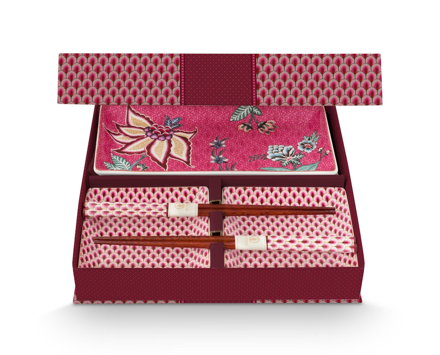 PiP Studio Geschirr-Set Flower Festival Oriental Geschenkset quadratisch dark pink 6tlg, Porzellan, Giftset Square Oriental Flower Festival Dark Pink