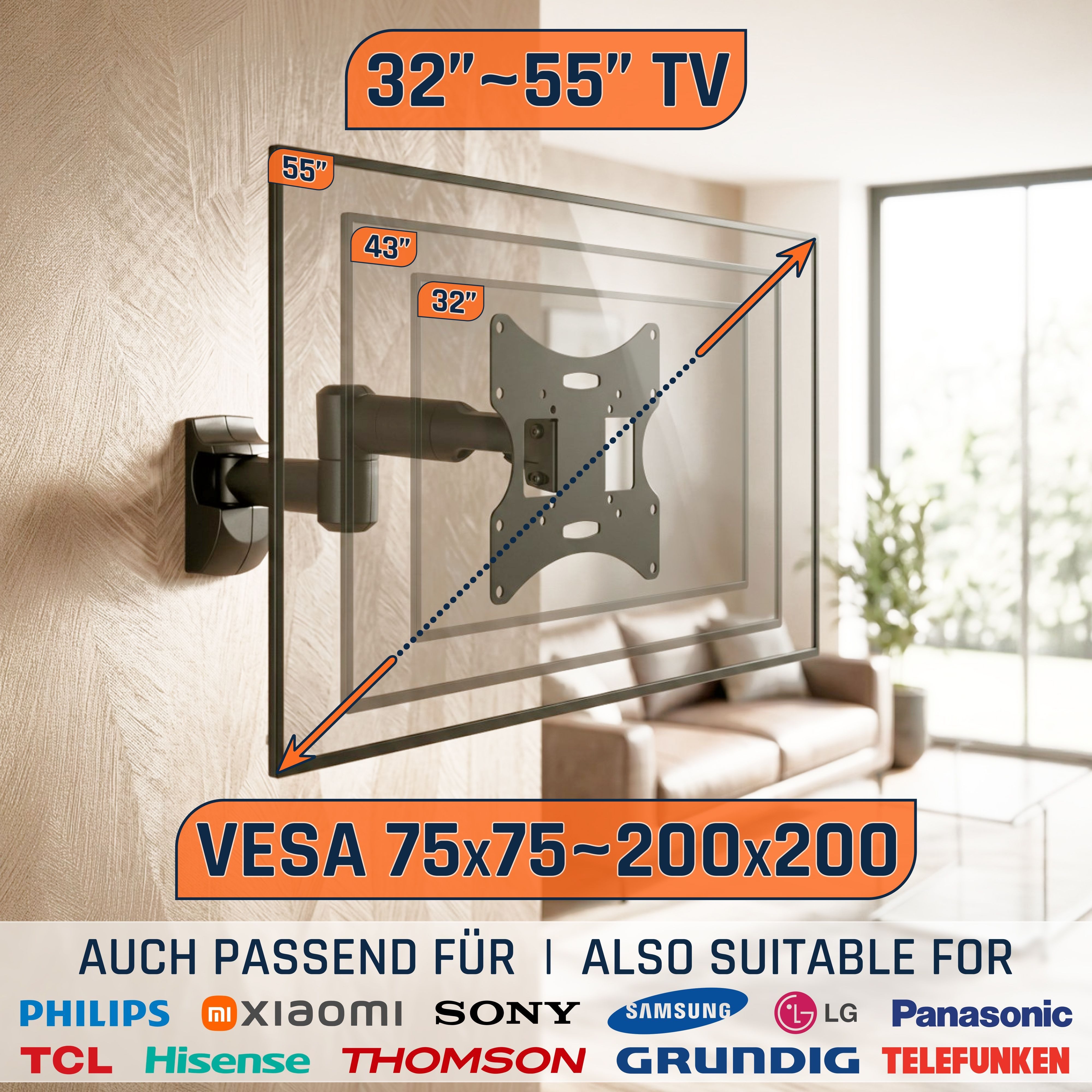RICOO TV-Wandhalterung S2822, (bis 32 Zoll, VESA bis 200x200, 1-tlg., schwenkbar neigbar ausziehbar Fernseher Halter universal VESA 200x200)