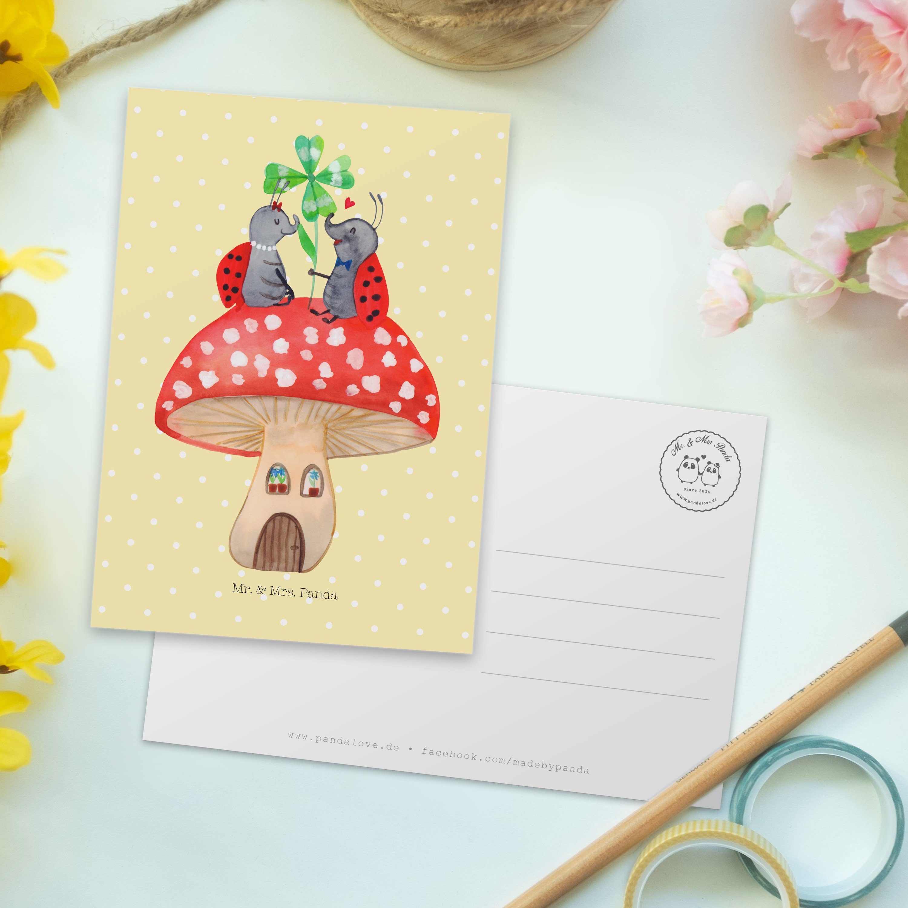 Einladungskar & Gelb Geschenk, Panda Fliegenpilz Pastell Mrs. Mr. Paar - Marienkäfer - Postkarte
