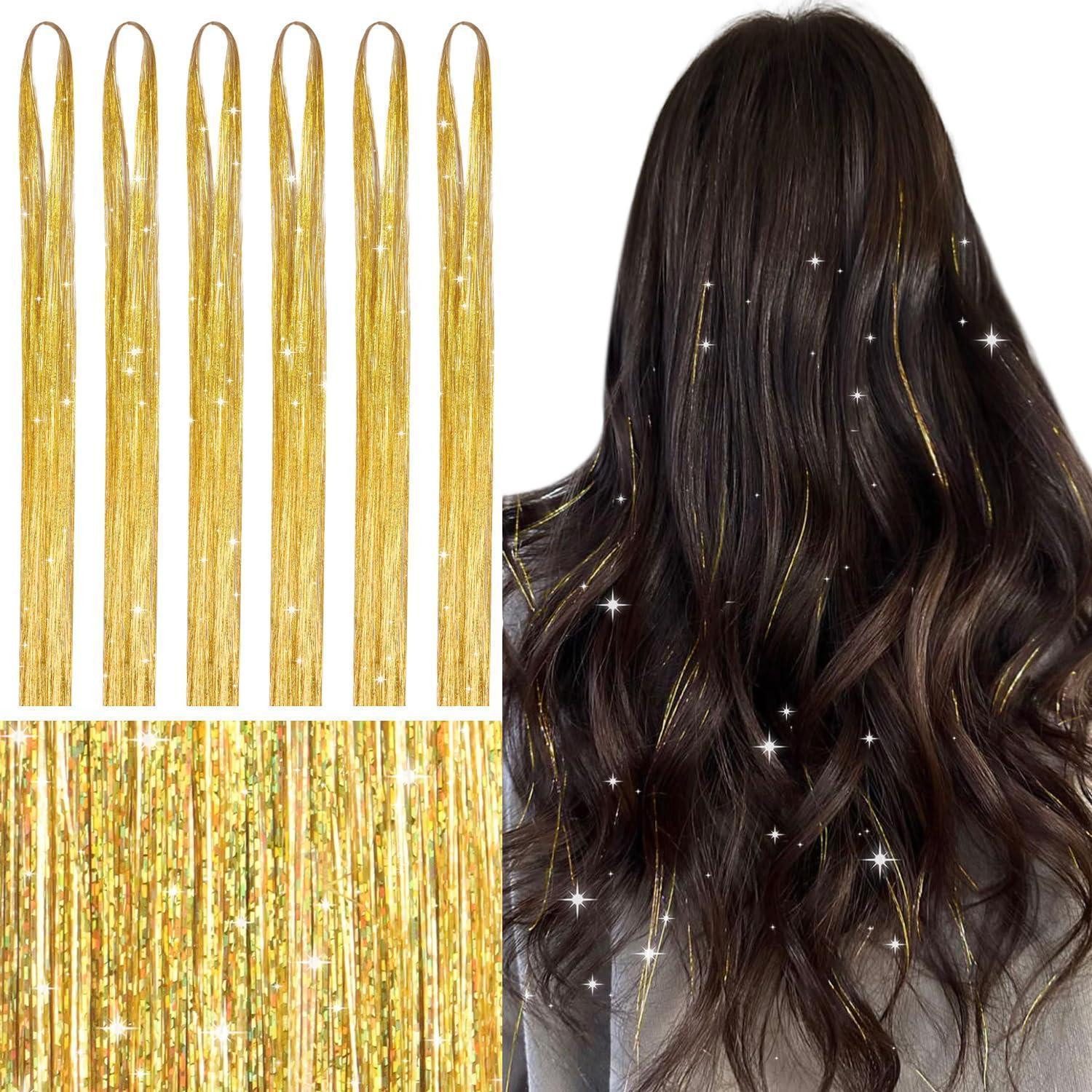 LuxusKollektion Kunsthaar-Extension Haarlametta Champagner Glitzer 120cm - 6er-Pack T-#Champagner