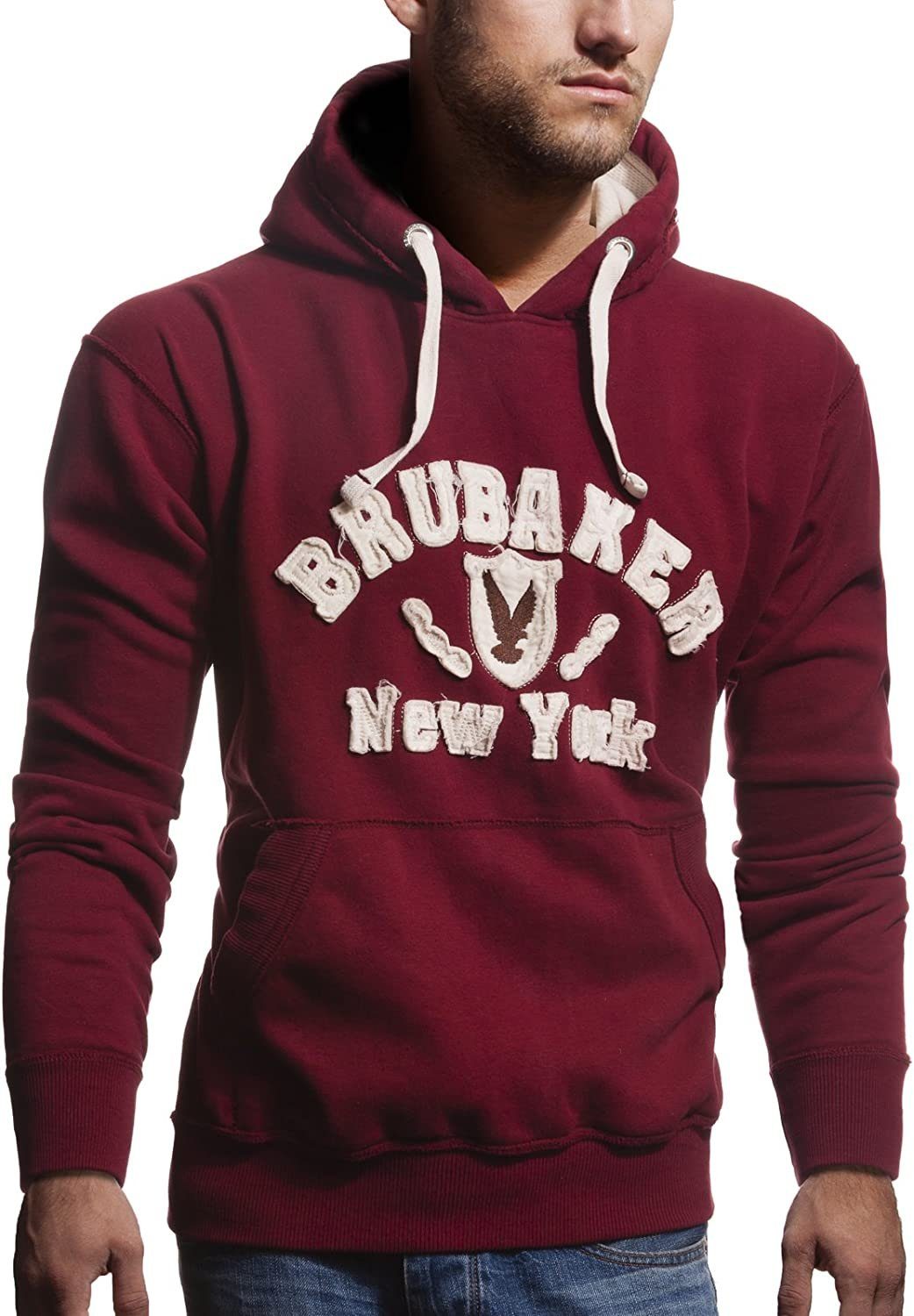 BRUBAKER Kapuzensweatshirt Herren Sweatshirt mit Kapuze - New York Eagle (1-tlg) Sweater mit Kängurutasche und Adler Logo Bordeaux Rot