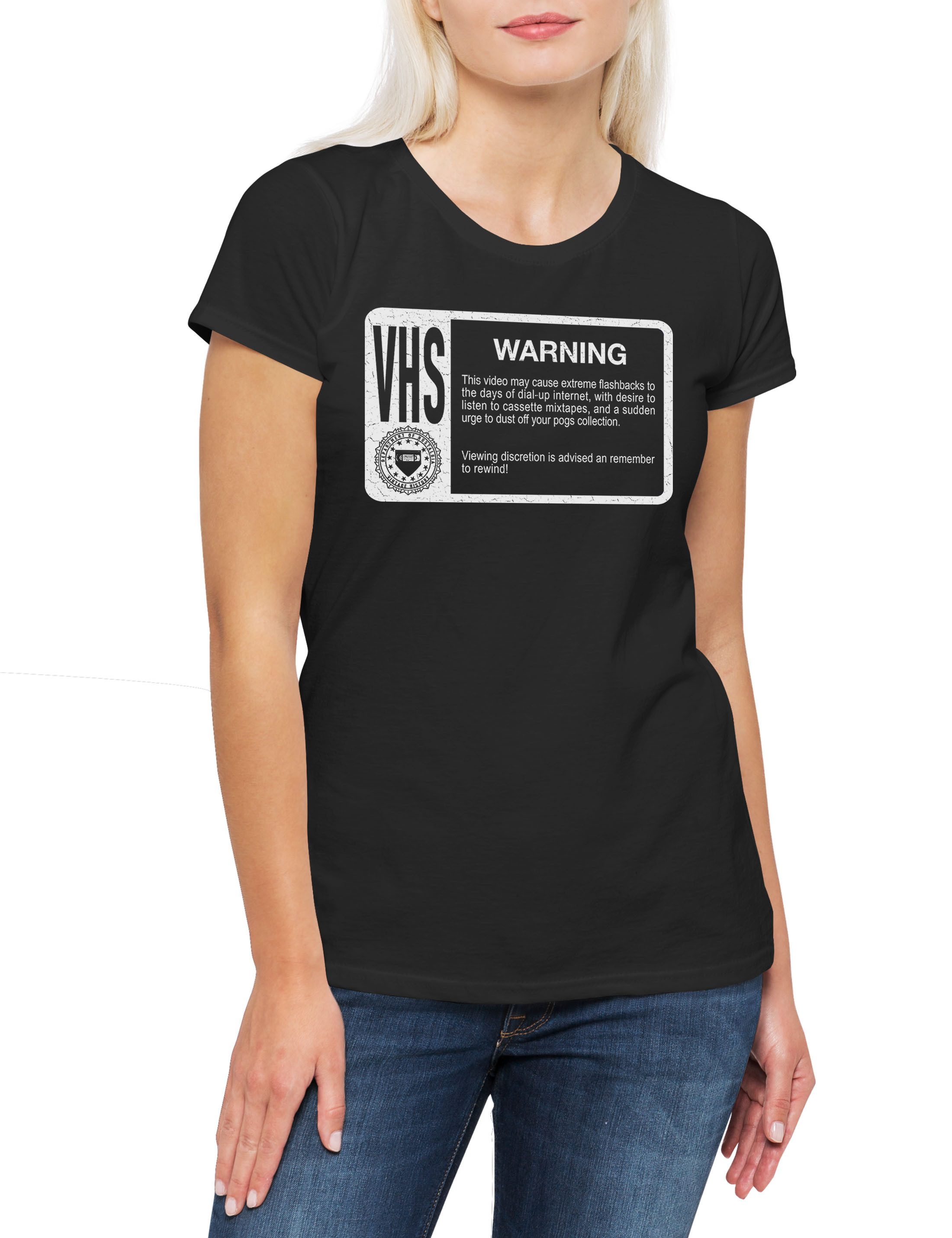 Print-Shirt VHS Warning Damen T-Shirt Retro Vintage E180 E240 Tape Scotch Kassette