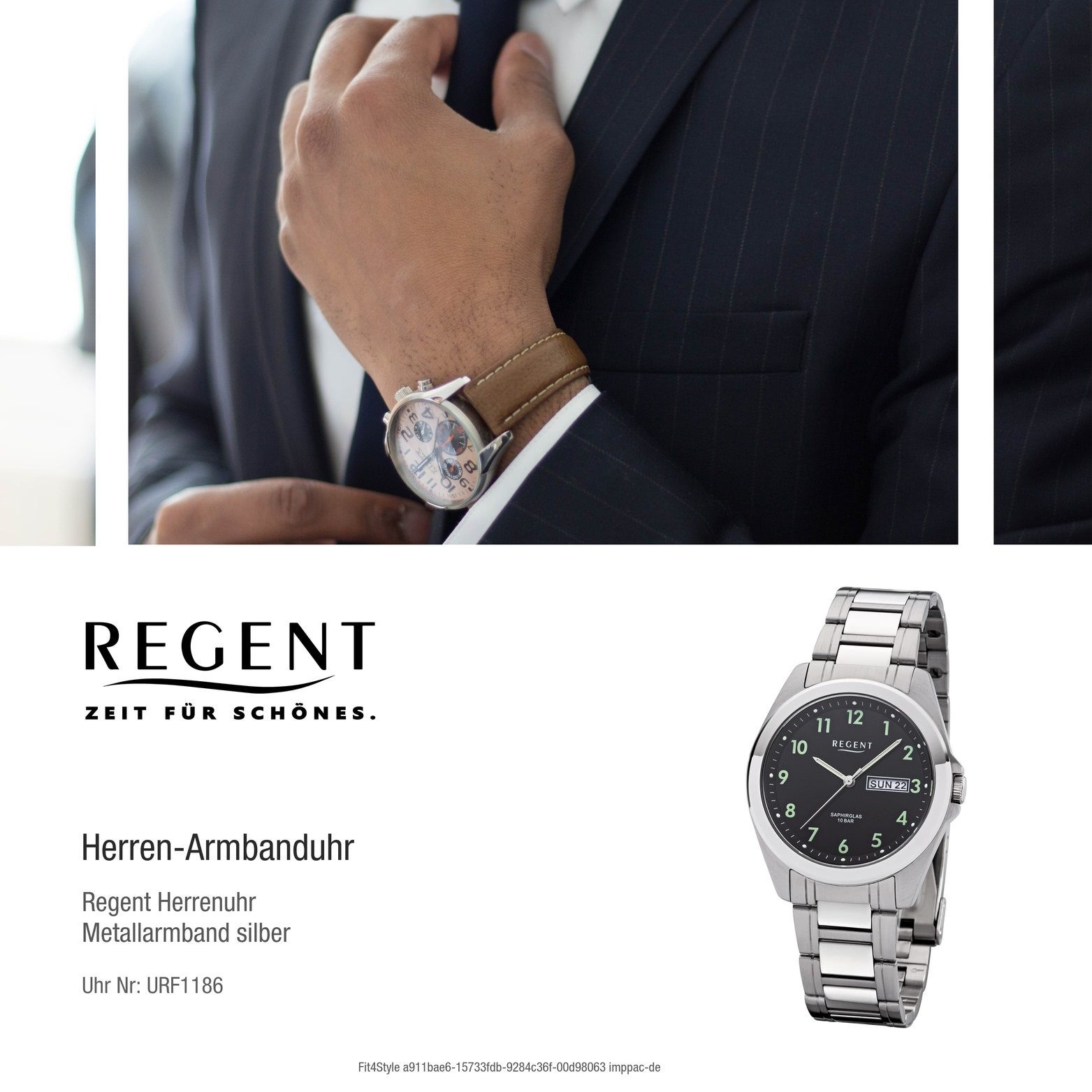 Regent Quarzuhr Regent silber, Herrenuhr Gehäuse, Herren Analog, Metallarmband 38mm) Metall Uhr rundes F-1186 (ca. mittel