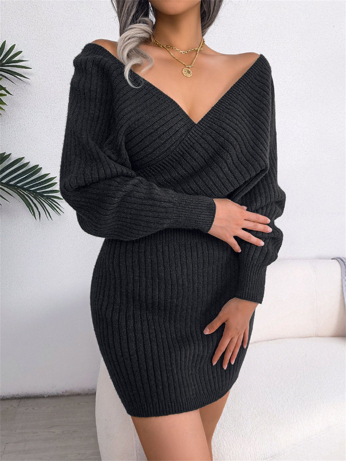 carefully selected Strickkleid Sexy Damen-Tunika-Pulloverkleid V-Ausschnitt mit Jersey und schwarz