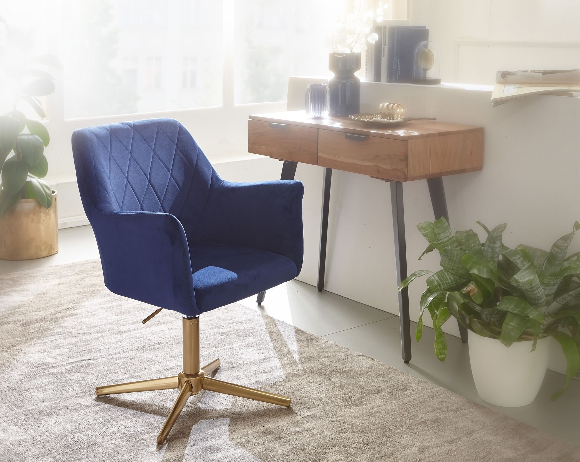 Wohnling Drehstuhl Blau Samt Schreibtischstuhl Drehbar Schalenstuhl Home Office (Samt Blau, Design Schalenstuhl Drehbar mit Lehne), Schreibtischstuhl 120 kg Höhenverstellbar, Drehbar