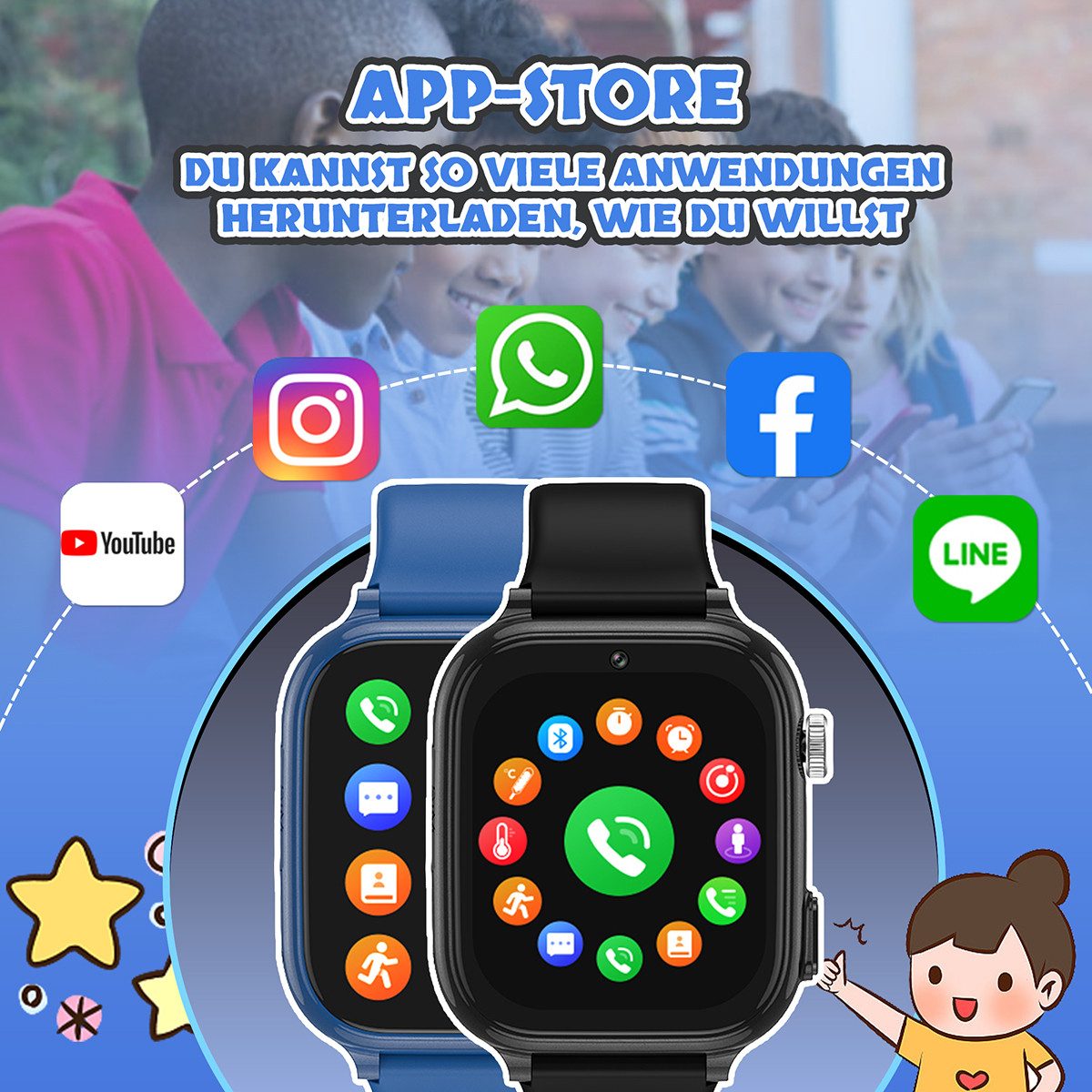 Vashoy 2026 Kinderuhr T53Neue Smartwatch Kinder mit GPS, Kameras, Smartwatch (5 cm/1.83 Zoll, Android/4G (LTE) 4G Telefonfunktionen Smartwatch, 7-tlg., Verschie – Bild 4 von 5