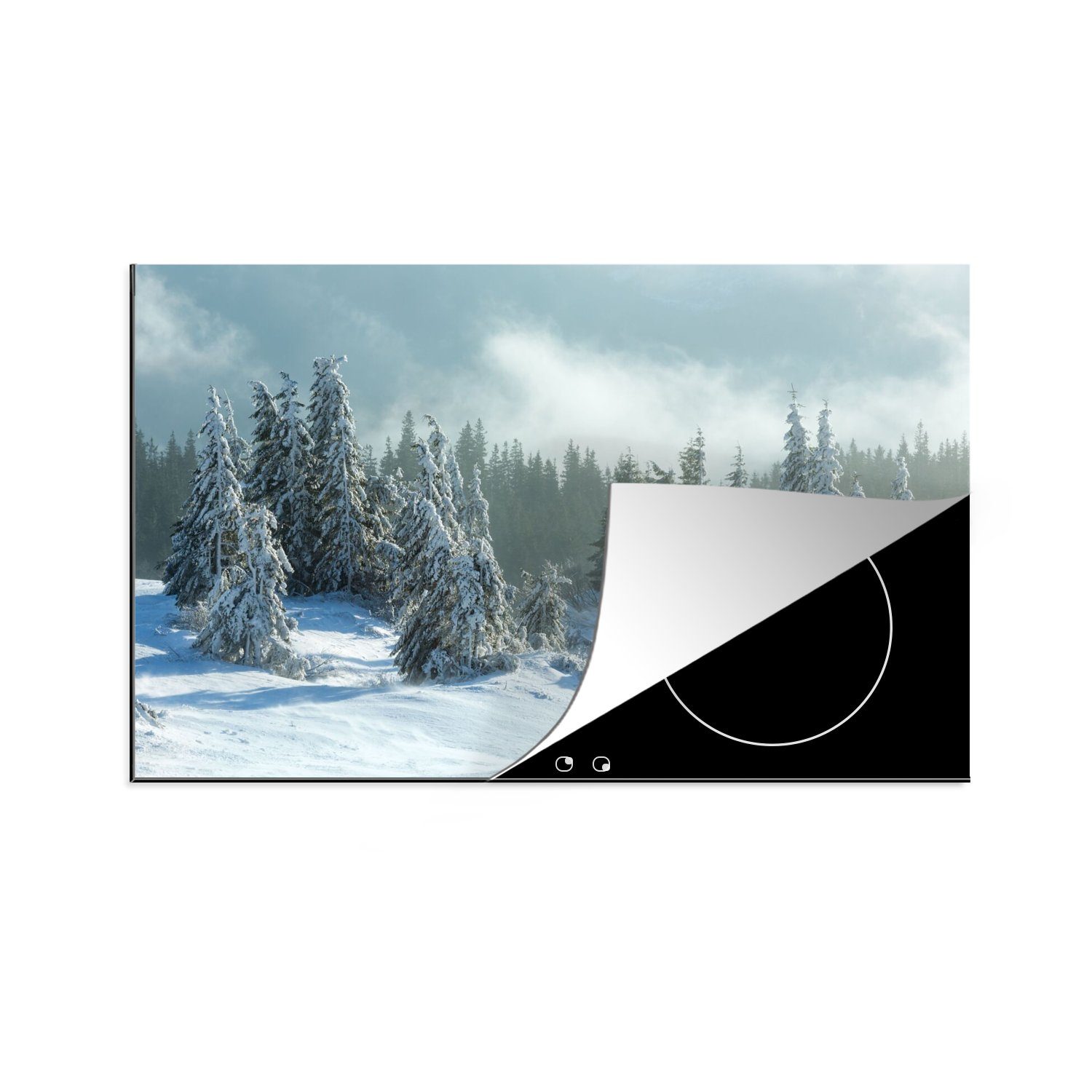 MuchoWow Herdblende-/Abdeckplatte Wald - Schnee - Winter, Vinyl, (1 tlg), 80x52 cm, Induktionskochfeld Schutz für die küche, Ceranfeldabdeckung