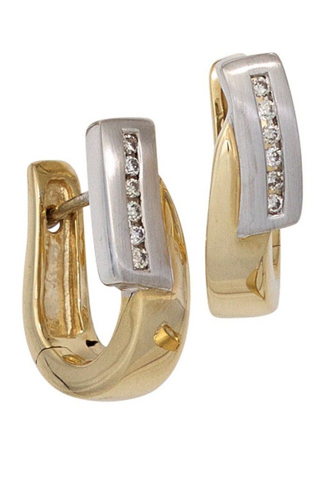 JOBO Paar Creolen Ohrringe mit 12 Diamanten, 585 Gold bicolor, Aus  teilmattiertem 585 Gelbgold mit Weißgold kombiniert