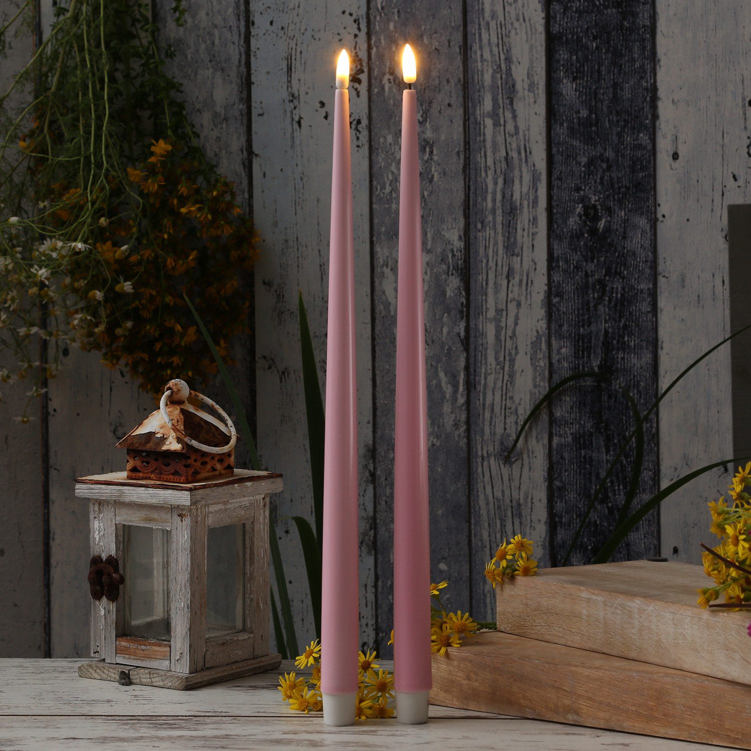 Deluxe Homeart LED-Kerze LED Stabkerzen ELLA Deluxe Lack Tafelkerze flackernd H: 38cm rosa 2St., LED Classic, warmweiß (2100K bis 3000K)
