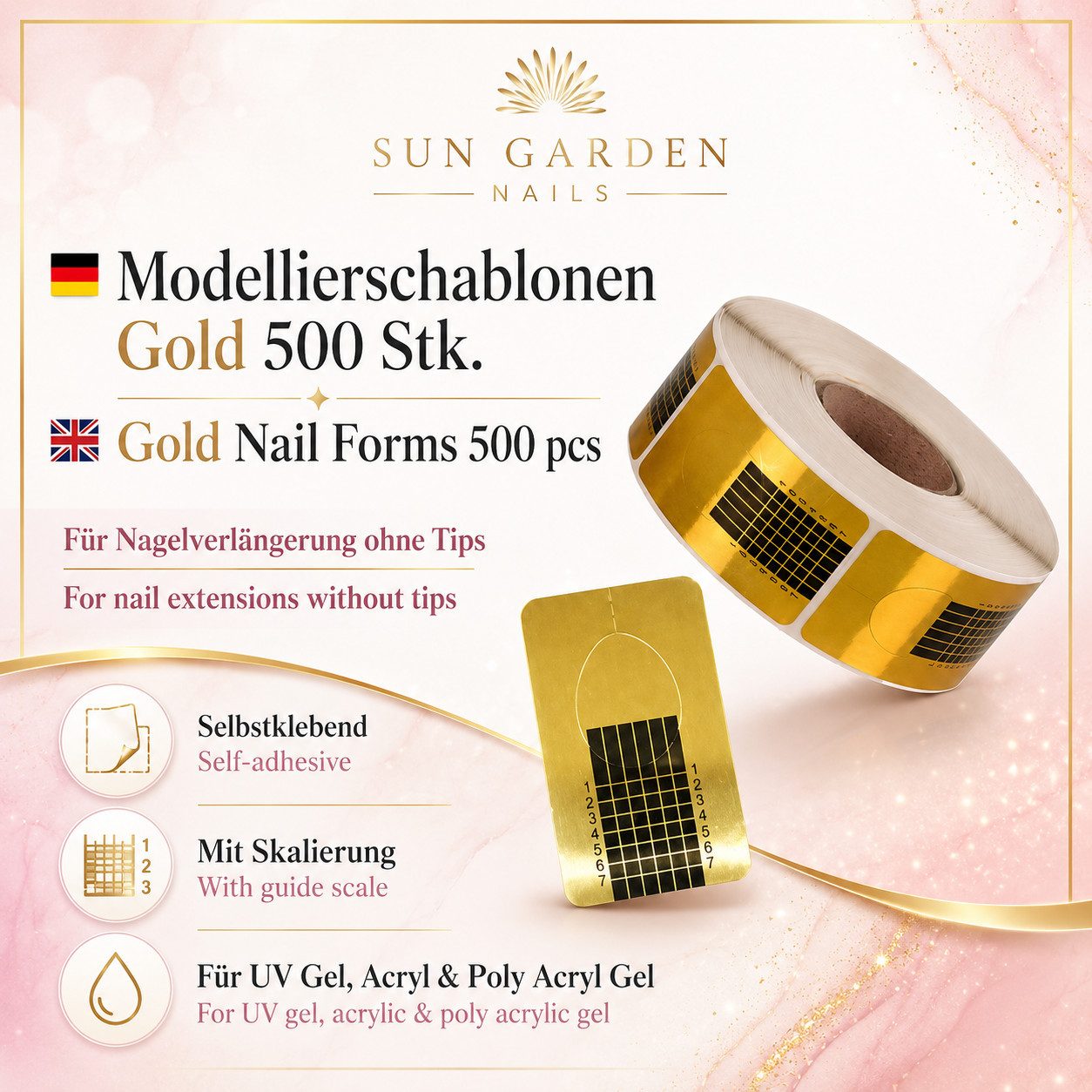 Sun Garden Nails Nageldesign Zubehör Modellierschablonen 500 St. Gold - Nagelschablonen, Nagelverlängerung