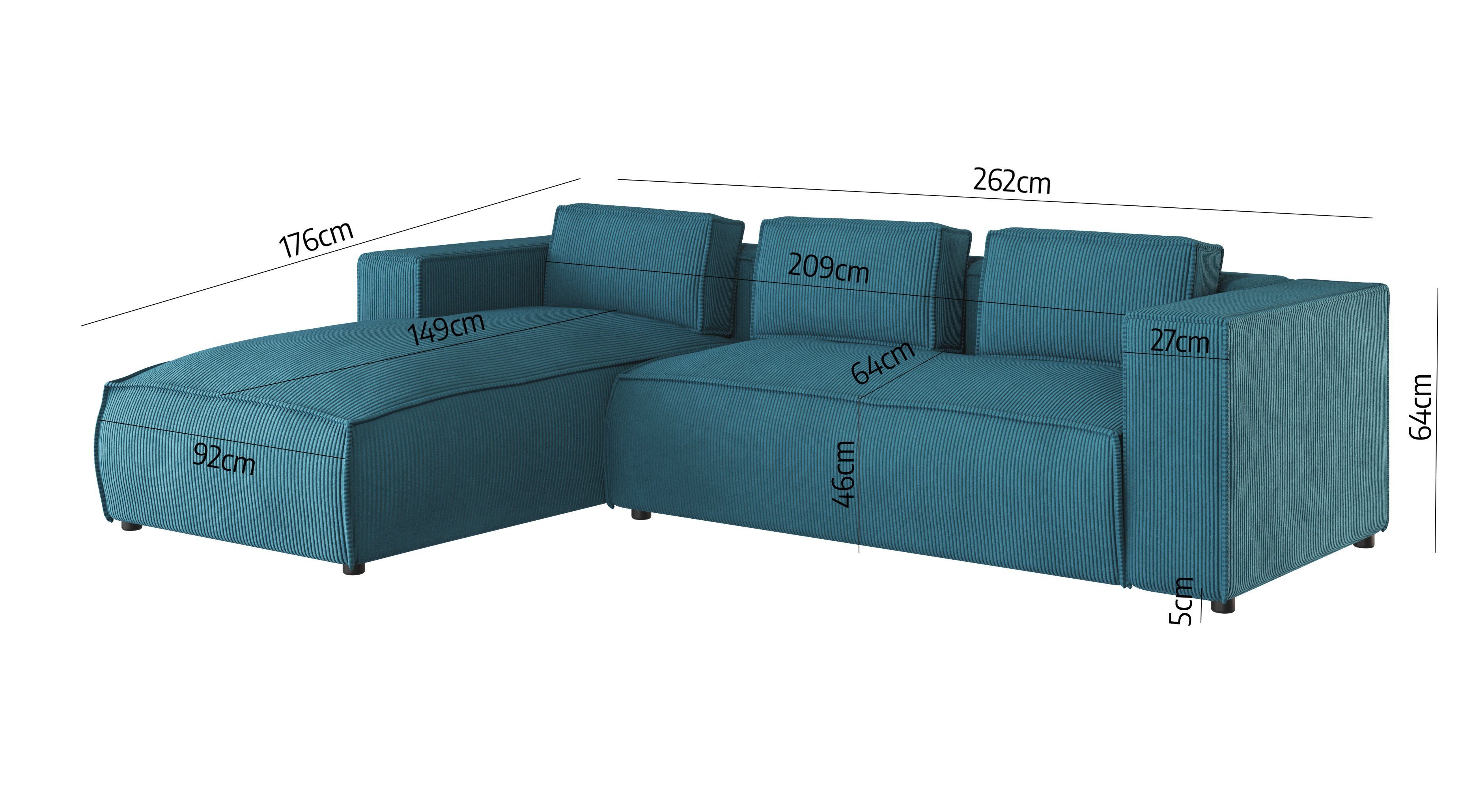 Optik, Teile, S-Style Türkis mit Wellenfederung Renne, 2 rechts Ecksofa Moderner in mane Möbel oder links bestellbar