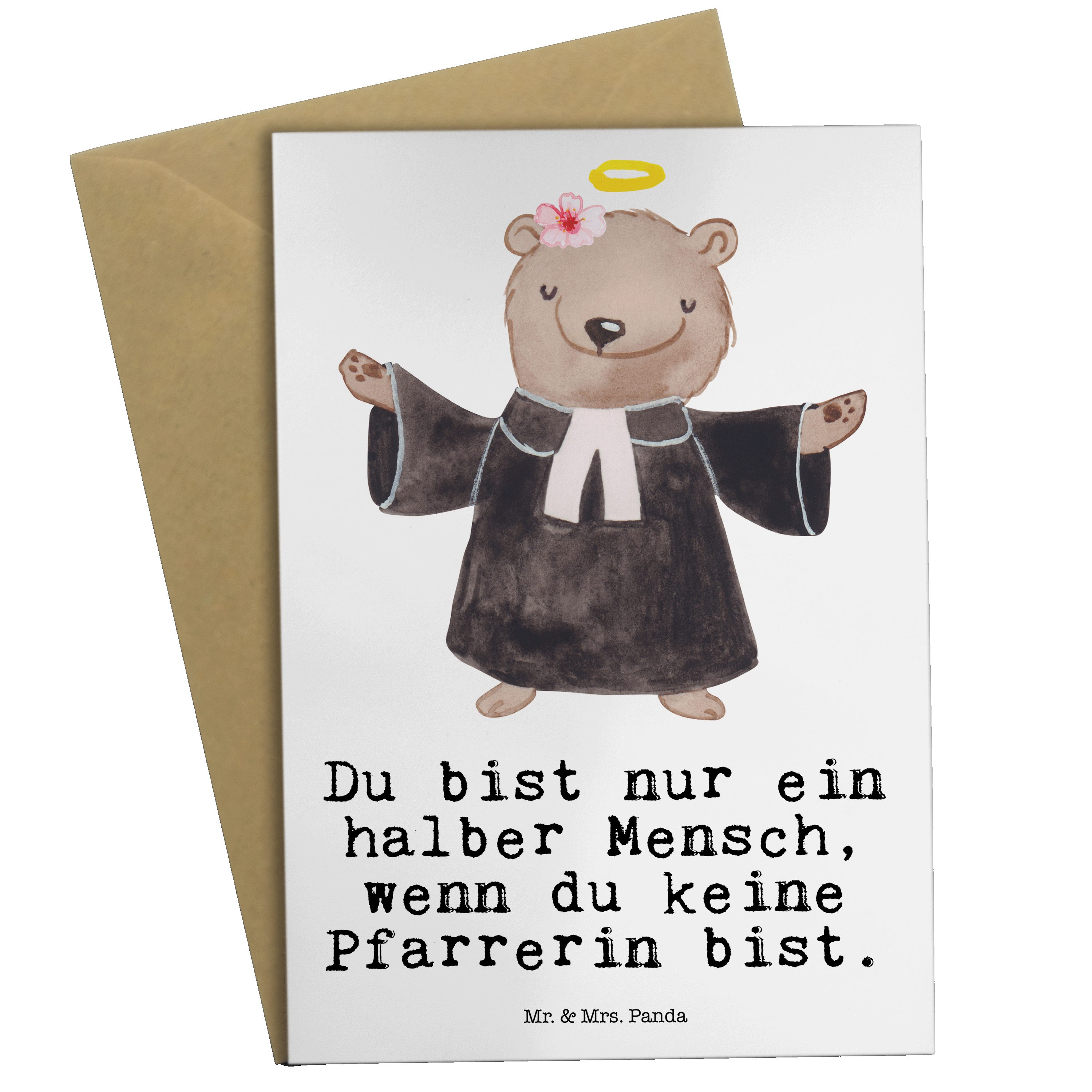 Mr. & Mrs. Panda Grußkarte Pfarrerin mit Herz - Weiß - Geschenk, Geburtstagskarte, Klappkarte, K