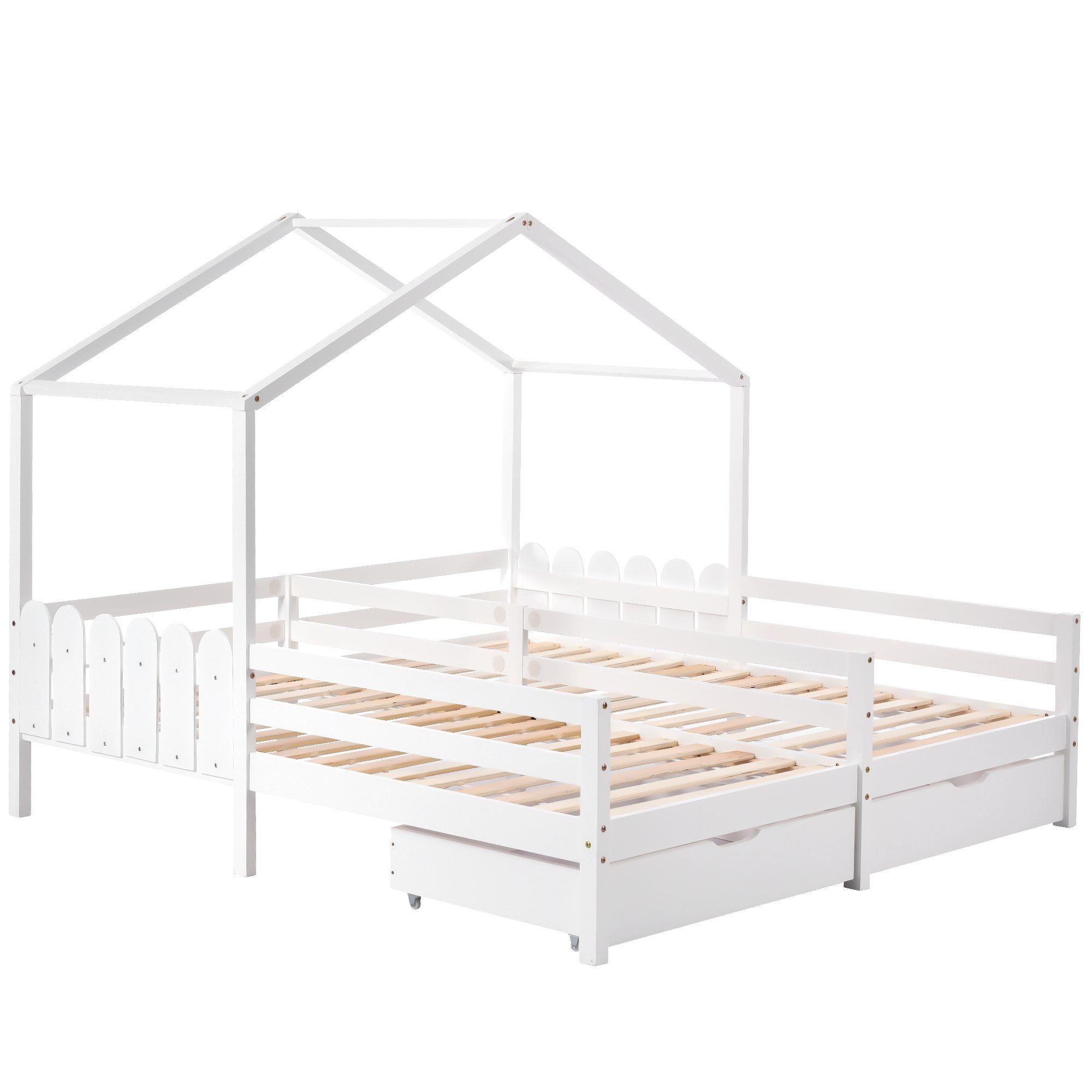 Liegefläche und Rausfallschutz Hausbett zwei Merax Lattenrost, Schubladen, und 90x200 Doppelbett, Hausbett Jugendbett mit mit cm