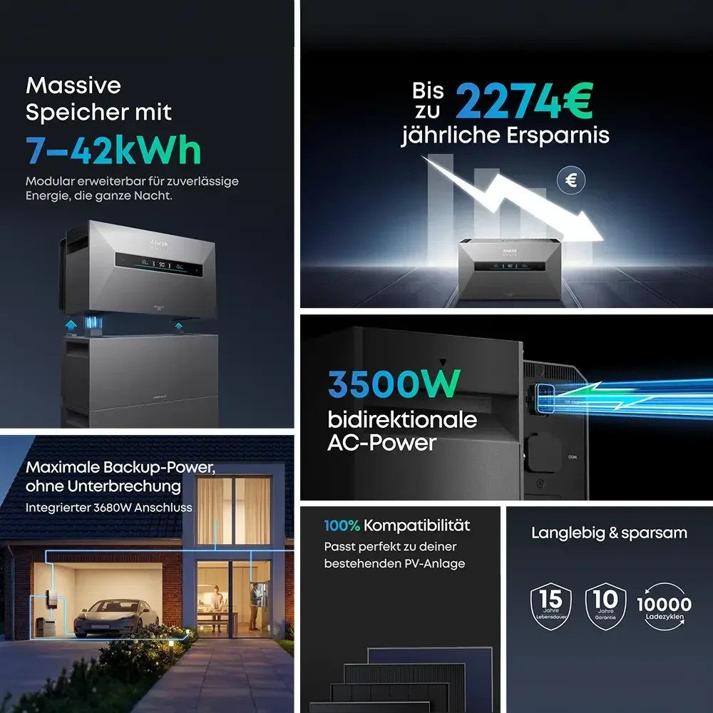 Anker Balkonkraftwerk Anker SOLIX Solarbank MAX AC 7kWh erweiterbar bis 42kWh, 3500 W, (integrierter 3680W Notstromfunktion, mit 1x/2x/3x/4x/5x Anker SOLIX BP7000 Erweiterungsakkus (optional)