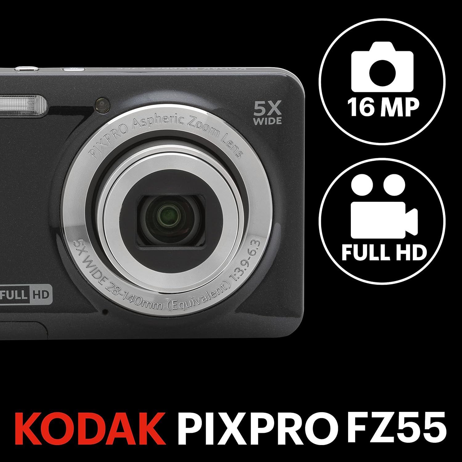 Kodak Pixpro FZ55 - 16 Megapixel - 5X optischer Zoom - 2.7 LCD-Monitor Vollformat-Digitalkamera (16 MP, optischer Bildstabilisator, 720p Full HD-Video, Lithium-Ionen-Akku)