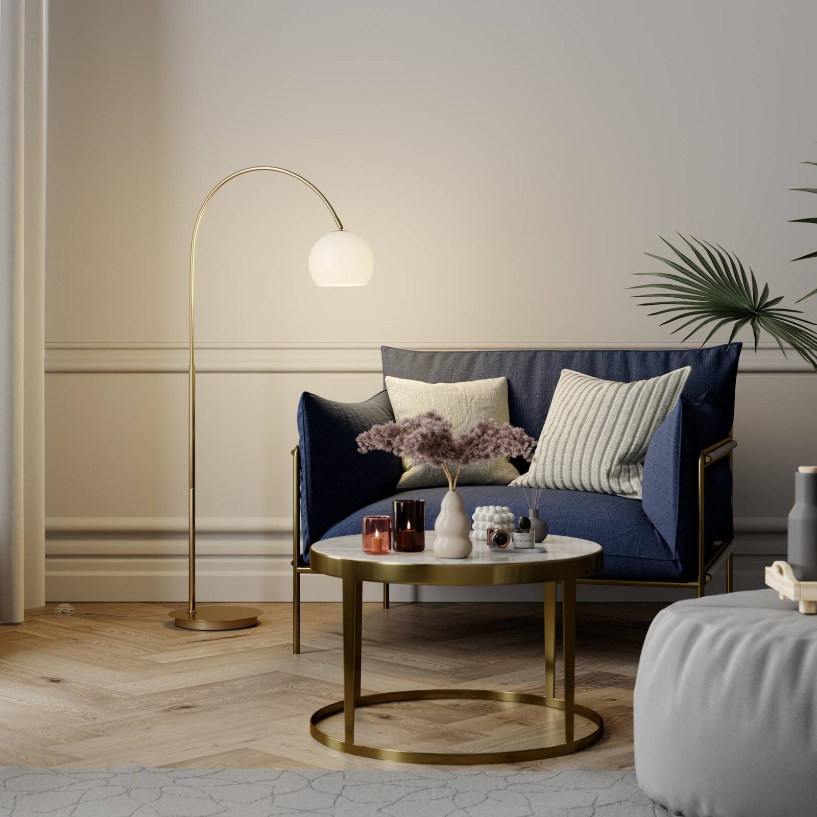 Lindby Bogenlampe Cynthia, Glas Gold / Messing IP20, 1 x 15 W LED