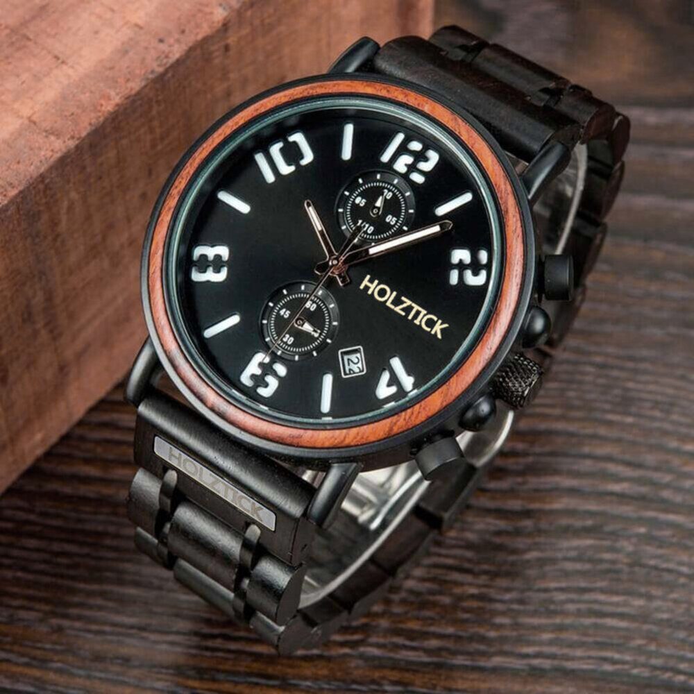 Holztick Bavaria Chronograph Alfons black ALFONS BLACK, lässige Herrenuhr mit Holzring aus Walnuss