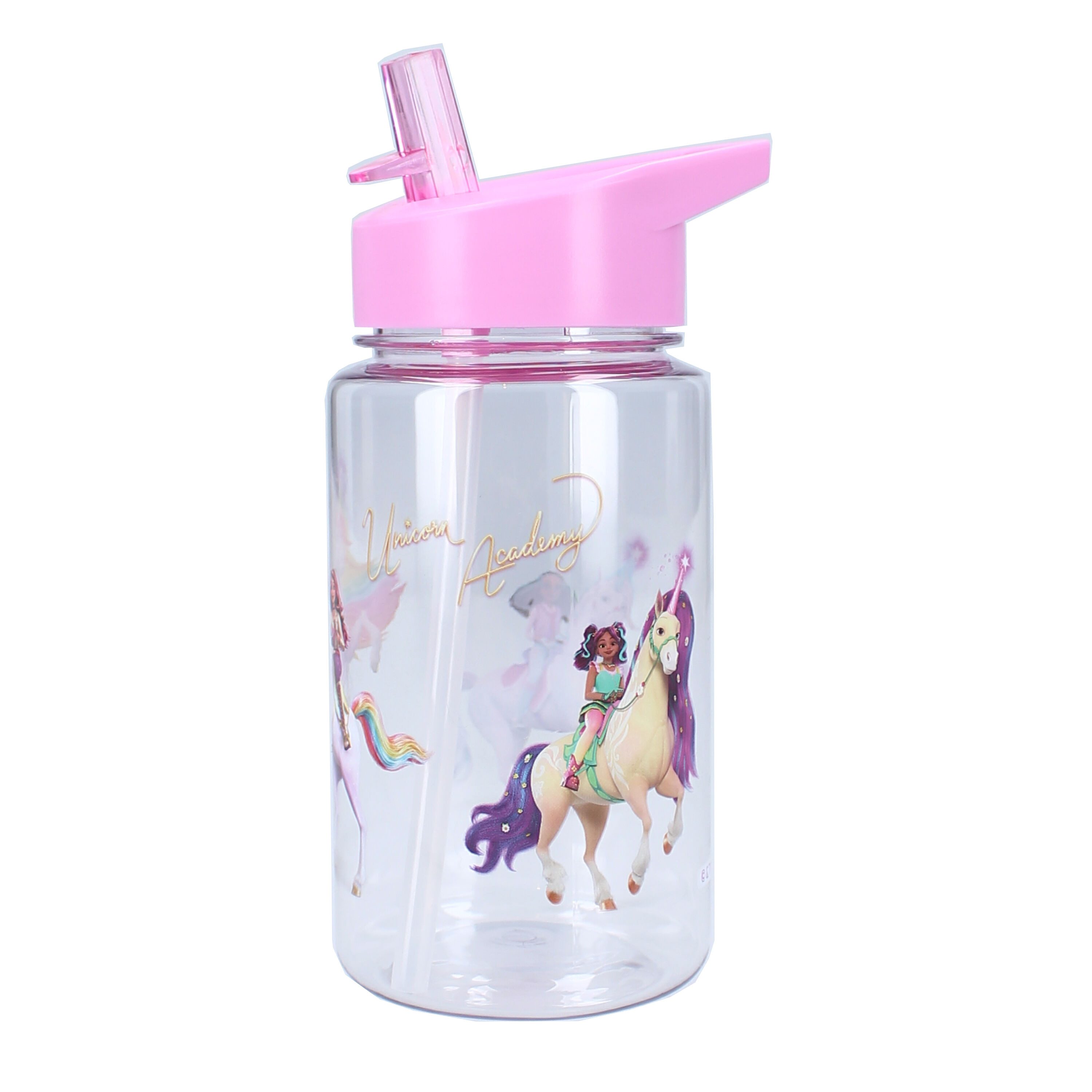 Unicorn Academy Trinkflasche Trinkbecher – 450 ml mit Strohhalm & Henkel