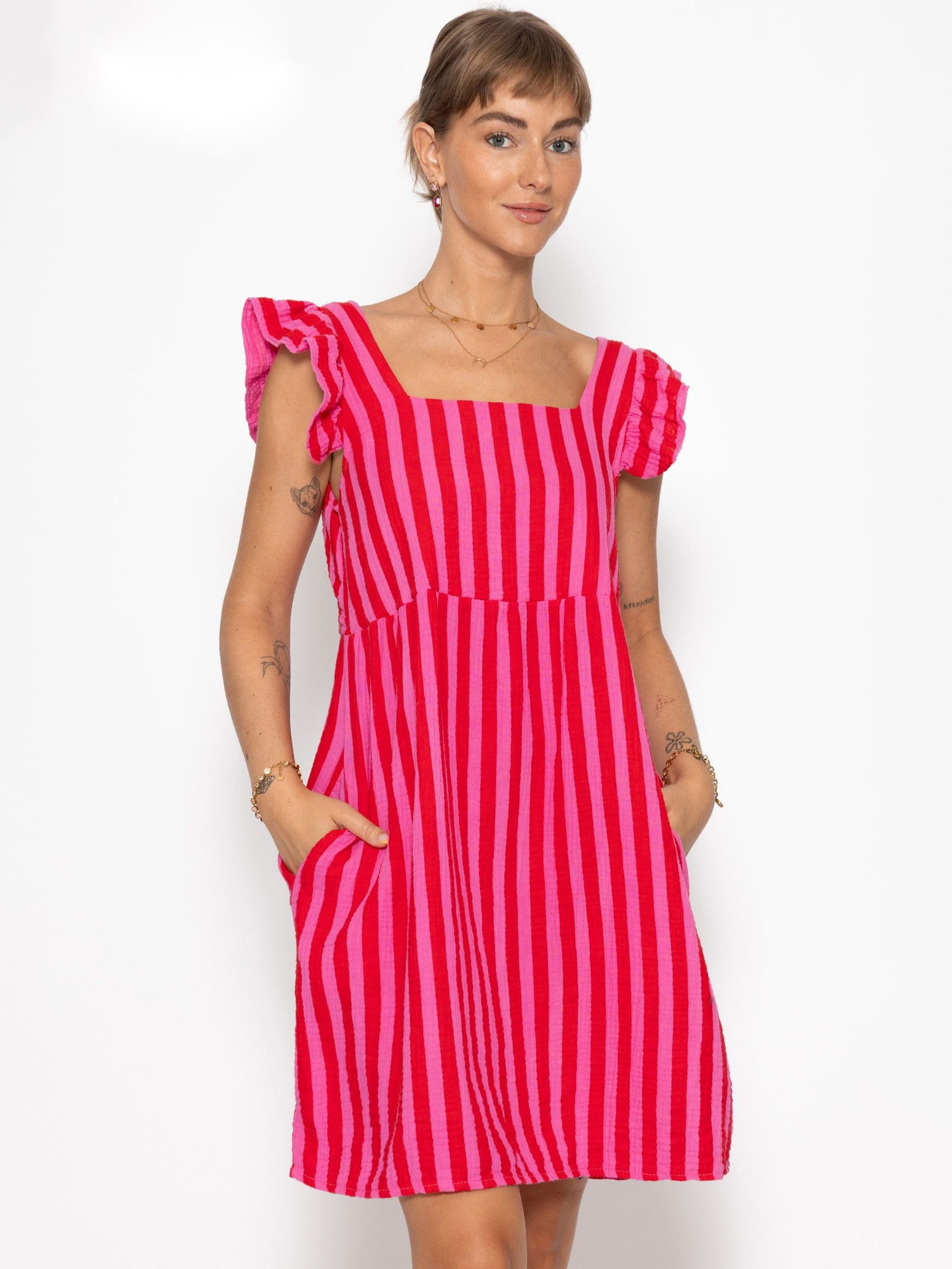 SASSYCLASSY Minikleid Gestreiftes Musselinkleid für Damen Kleid aus Musselin im Streifenmuster mit Rüschenärmel Rosa-Gelb Pink