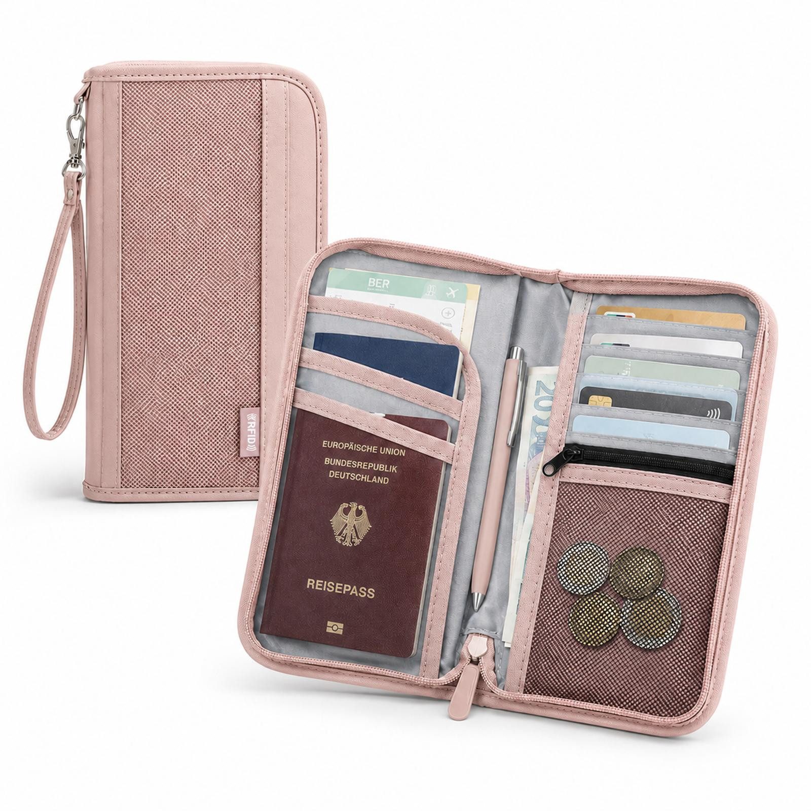 VERCO Dokumententasche RFID Schutz Reisepasshülle mit Kartenfächern, Reisebrieftasche mit Münzfach Handschlaufe Stifthalter Organizer