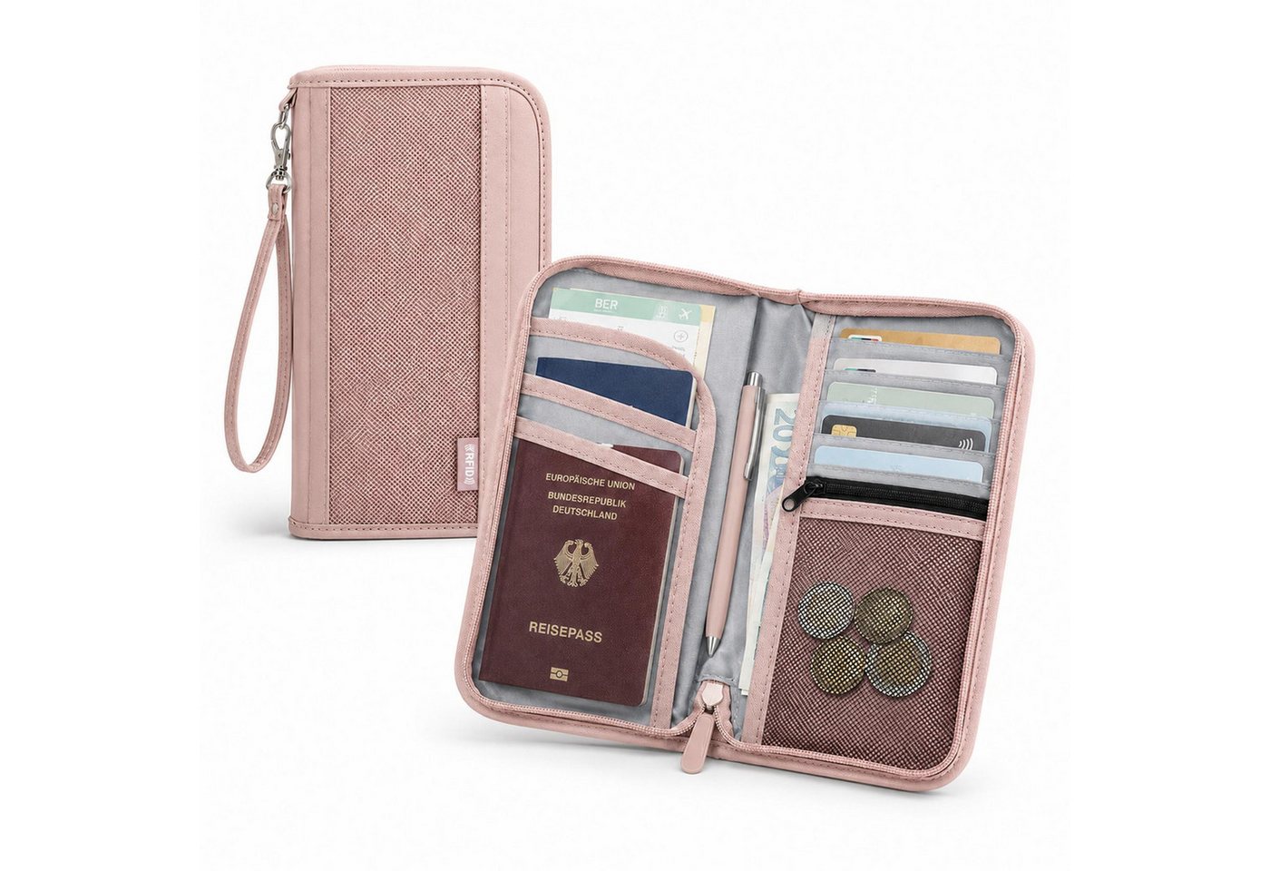 VERCO Dokumententasche RFID Schutz Reisepasshülle mit Kartenfächern, Reisebrieftasche mit Münzfach Handschlaufe Stifthalter Organizer