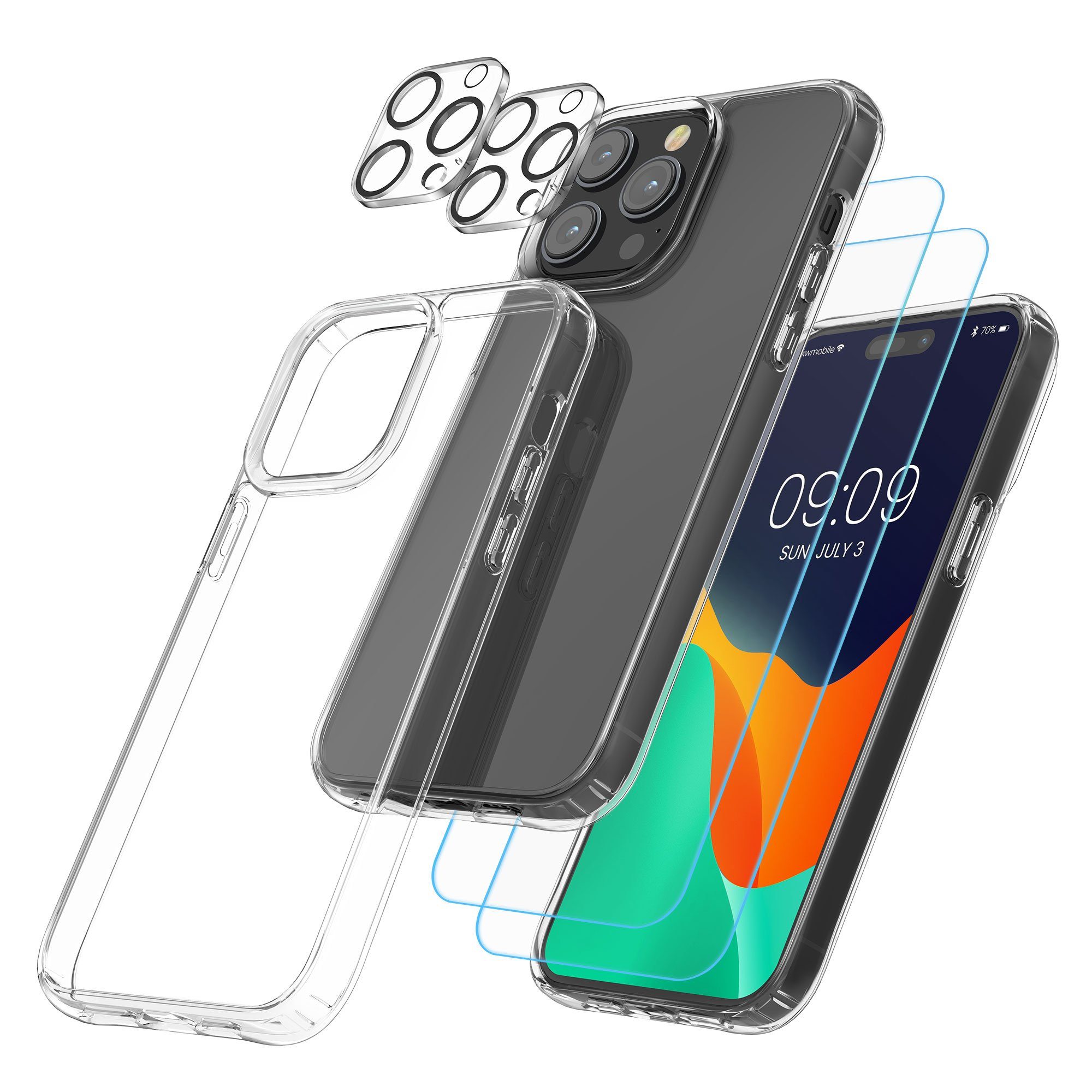 kwmobile Handyhülle 5in1 Set Handyhülle für Apple iPhone 14 Pro Max Hülle, 1x stoßsichere Schutzhülle 2x Schutzglas Display 2x Kamerschutz Glas