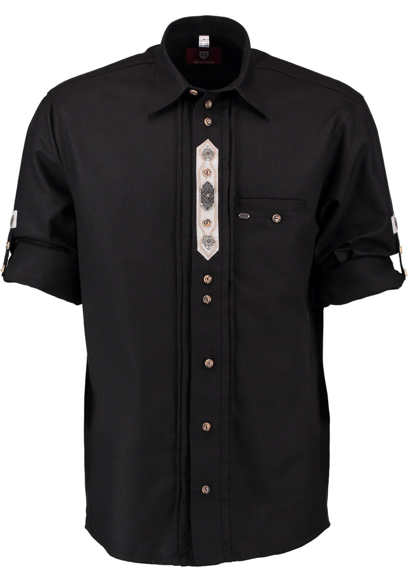 der auf schwarz mit Langarmhemd Edelweiß-Zierteil Trachtenhemd Knopfleiste Flafa OS-Trachten