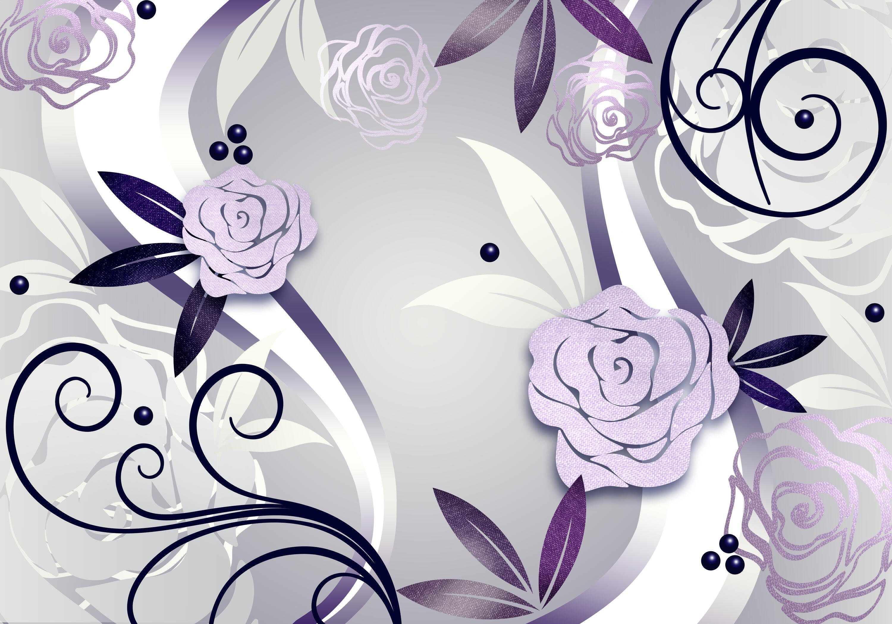 wandmotiv24 Wandtapete, Ornamente, violette glatt, Motivtapete, Rosenblüten matt, Vliestapete Fototapete