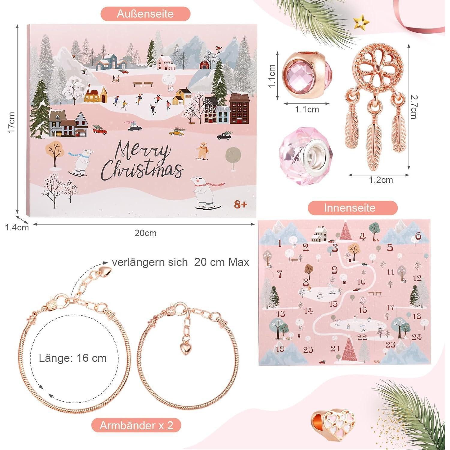 LuxusKollektion Schmuck-Adventskalender Adventskalender Schmuck Armband 24 Charms Rosegold für Damen Mädchen