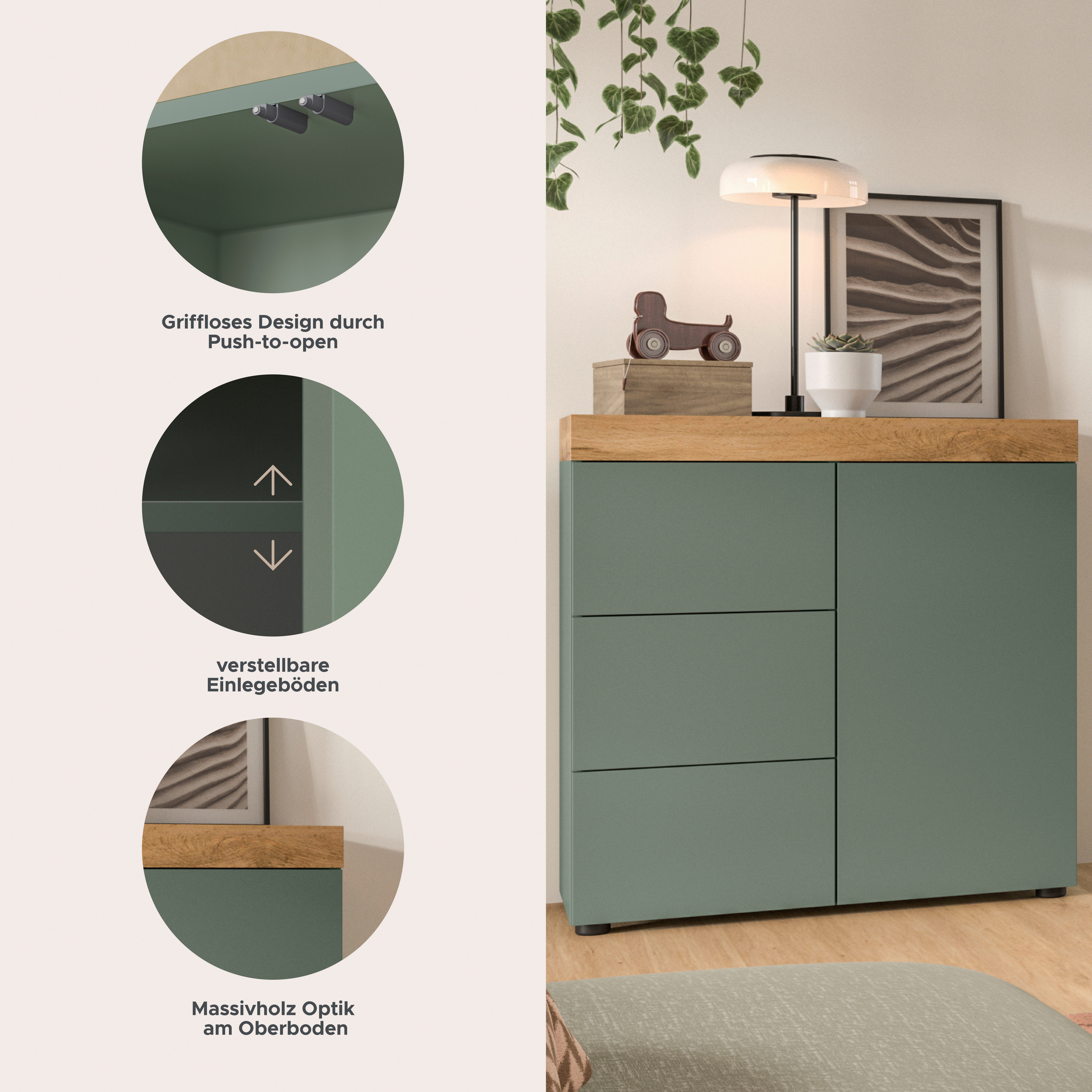 OTTO home Kommode MAMBO, TOPSELLER!, Breite 77 cm, 1 Tür, 1 Einlegeboden, 3 Schubkästen (1 St., 2-farbige Ausführung, in verschiedenen modernen Trendfarben erhältlich), Kommode, Anrichte, Wohnzimmer, Schlafzimmer