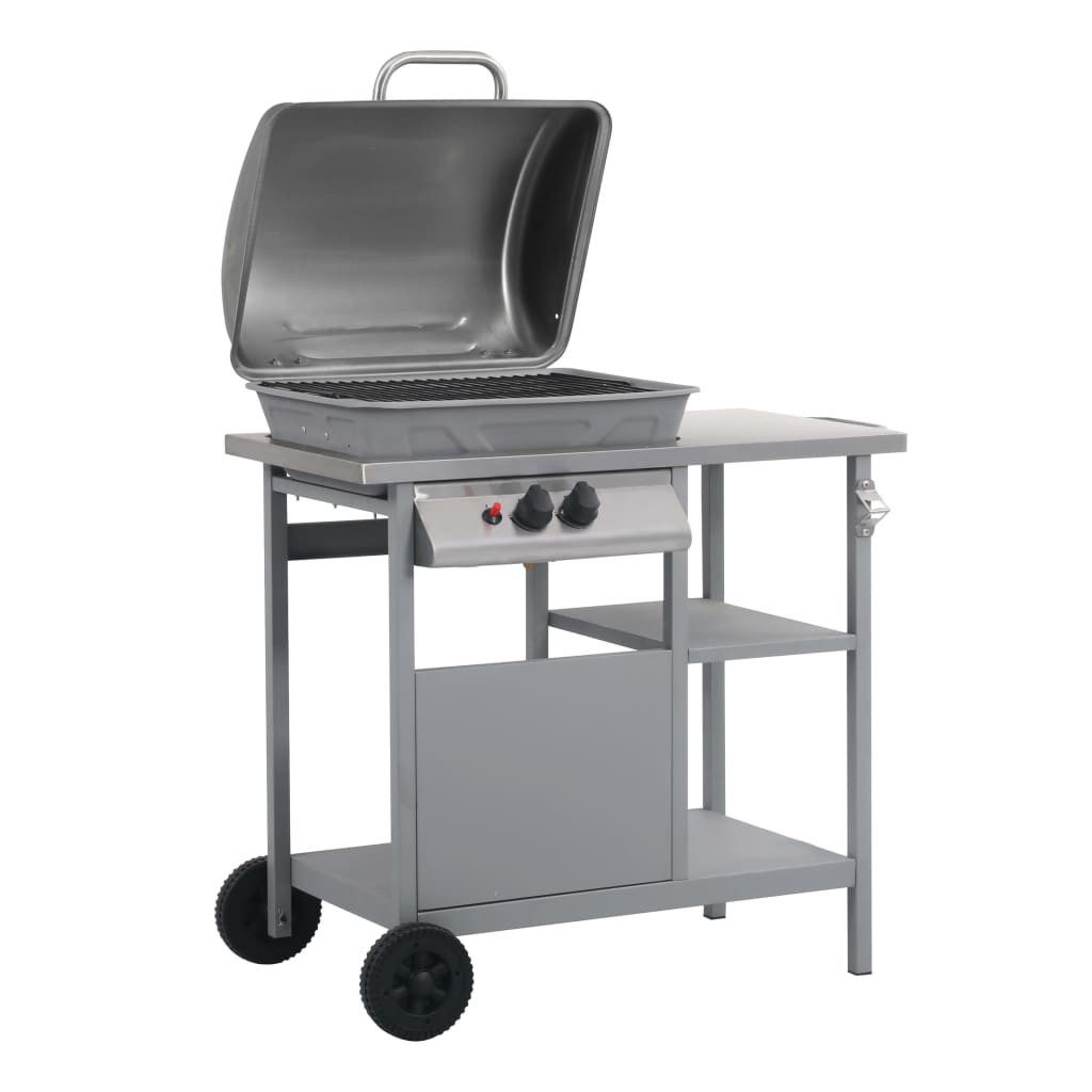 vidaXL Gasgrill Gasgrill mit Beistelltisch auf 3 Ebenen Silbern