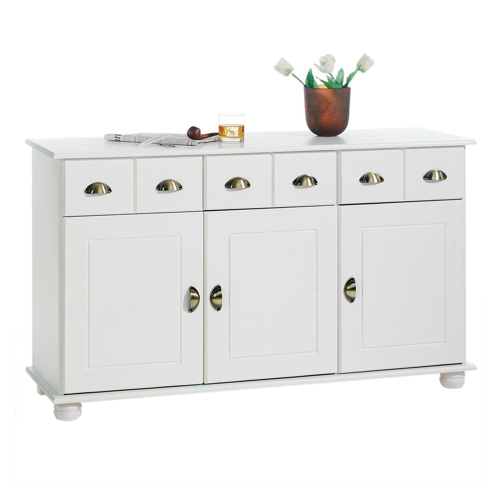 IDIMEX Kommode COLMAR, Sideboard Colmar Anrichte Kiefer massiv weiß 3 Türen