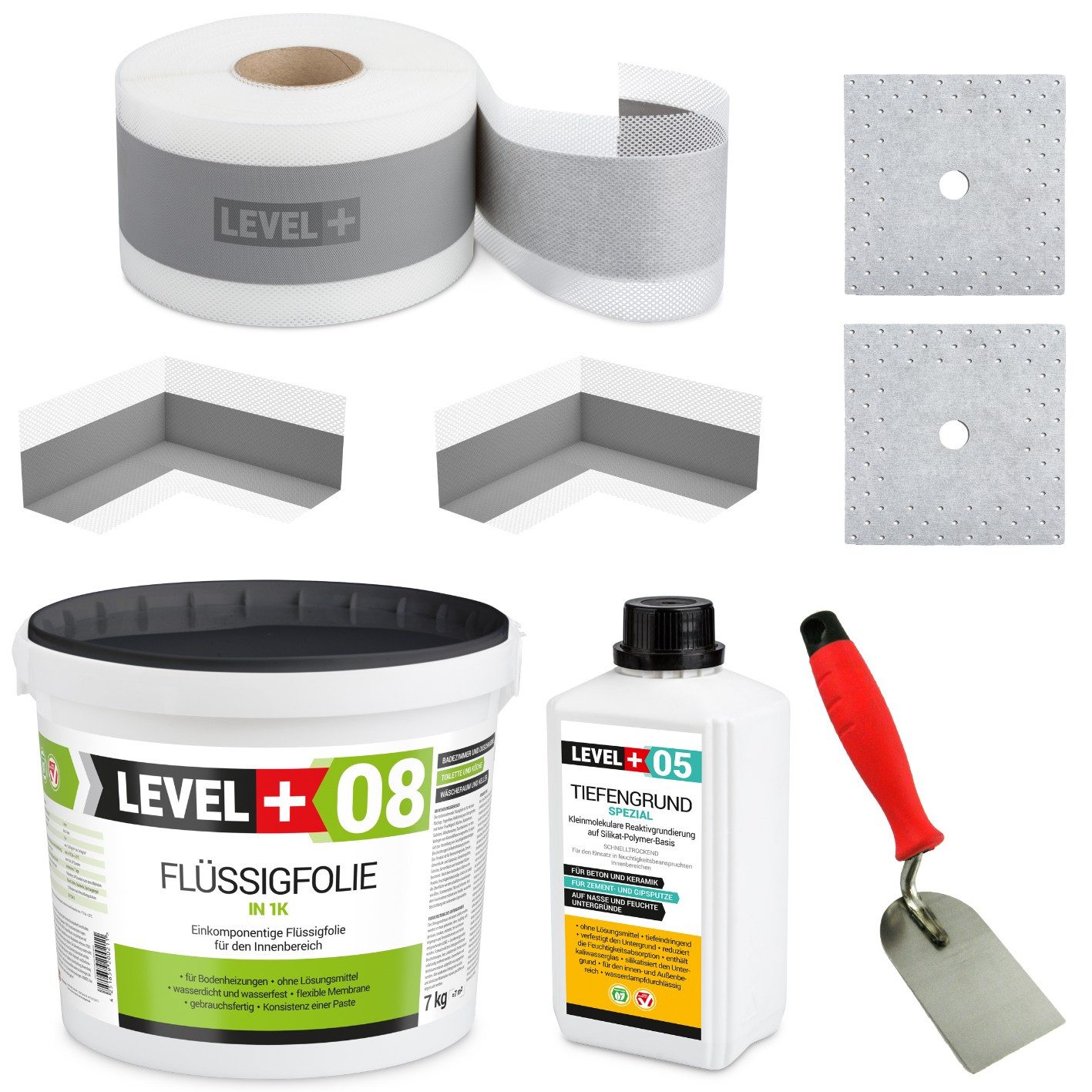 Level+ Dichtstoff Dichtset für Duschabdichtung Bad Dichtband Flüssigfolie 7kg SET09
