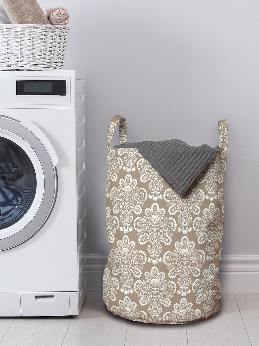 Abakuhaus Wäschesäckchen Wäschekorb mit Kordelzugverschluss Griffen Curly Damast-Motiv für Floral Jahrgang Waschsalons