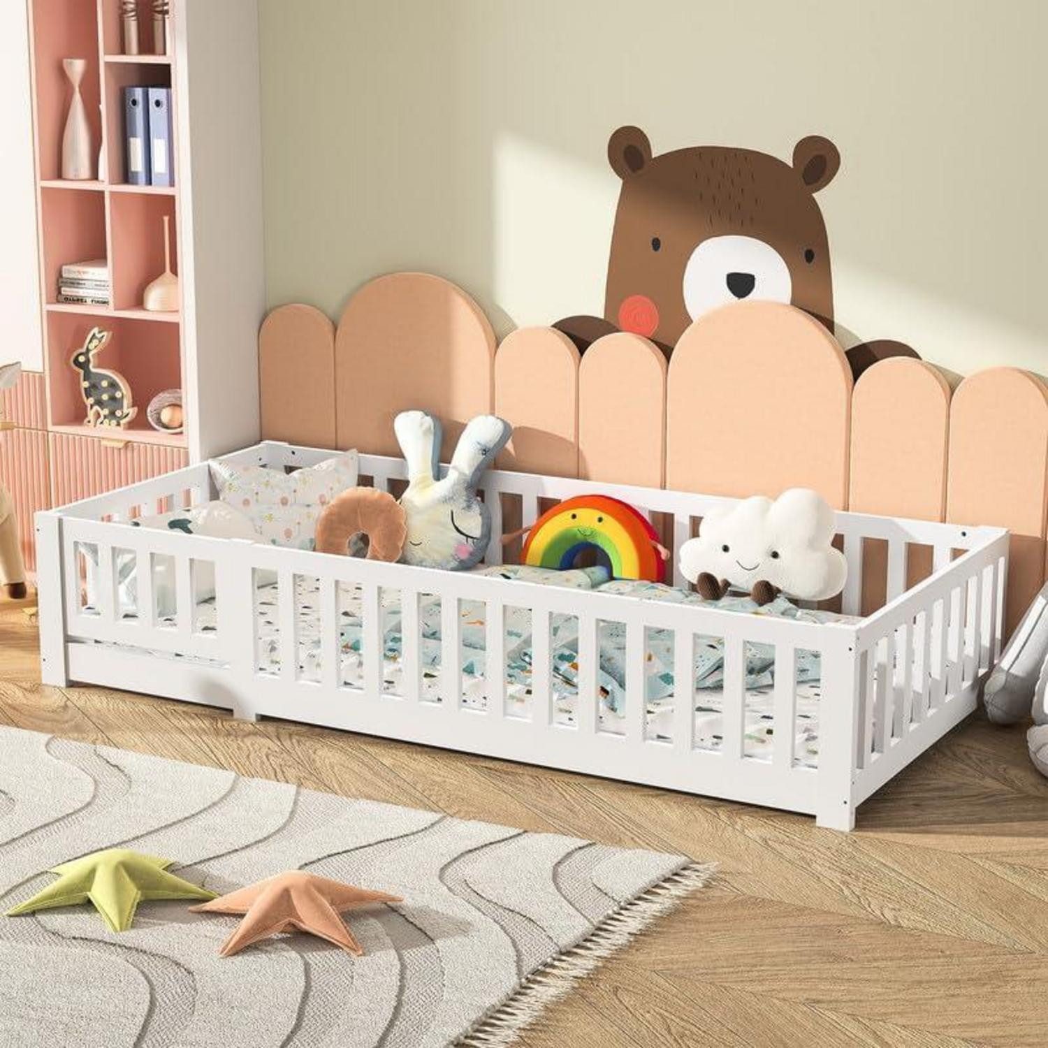 LuxusKollektion Hausbett Bodenbett Montessori 90x200 weiß Gitterbett Tür