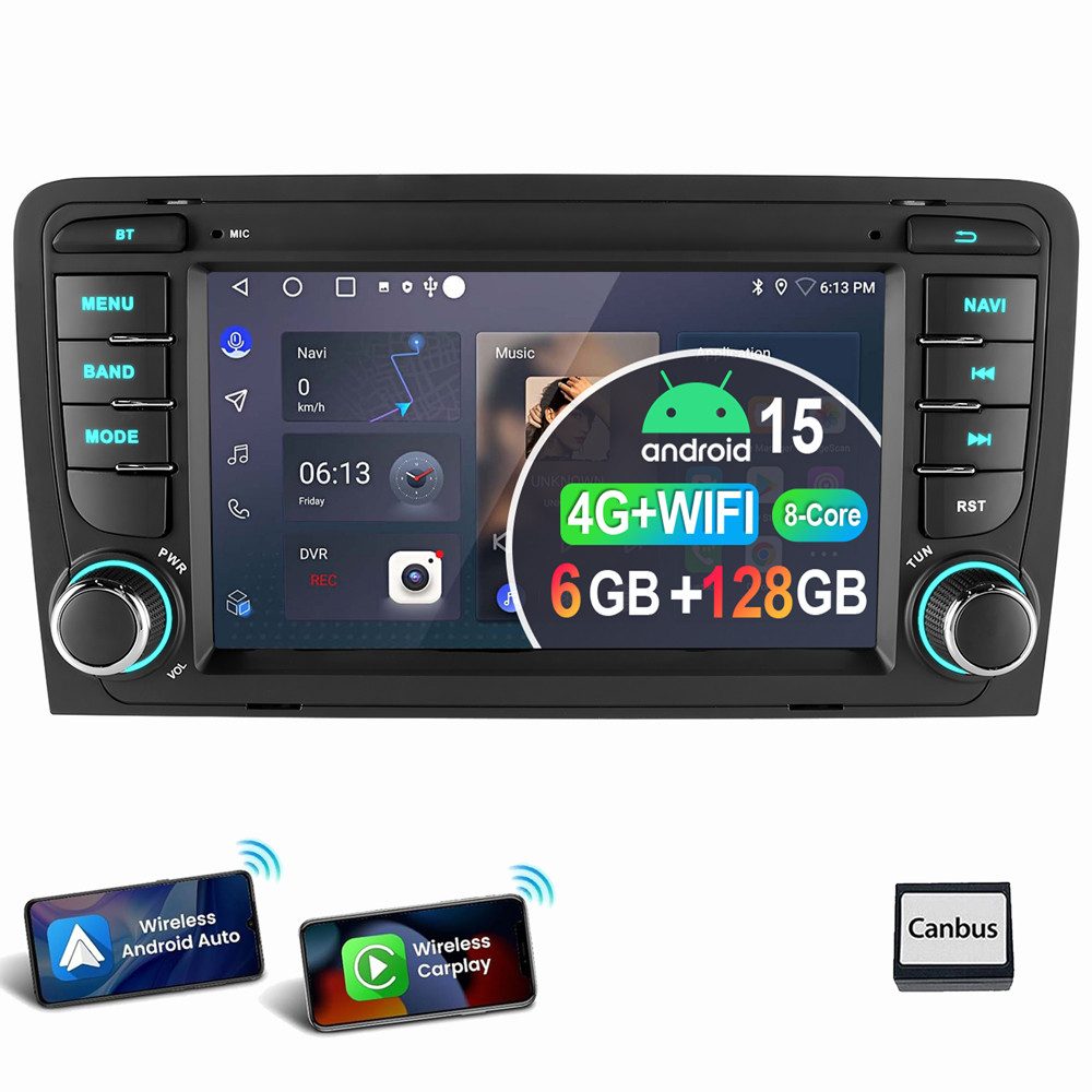 ESSGOO 8 Core Carpaly 6+128G Android 15 Für Audi A3 S3 RS3 8P 8V Autoradio Autoradio (RDS, Digitalradio (DAB), FM, AM, Carplay Android Auto SWC RDS DSP)