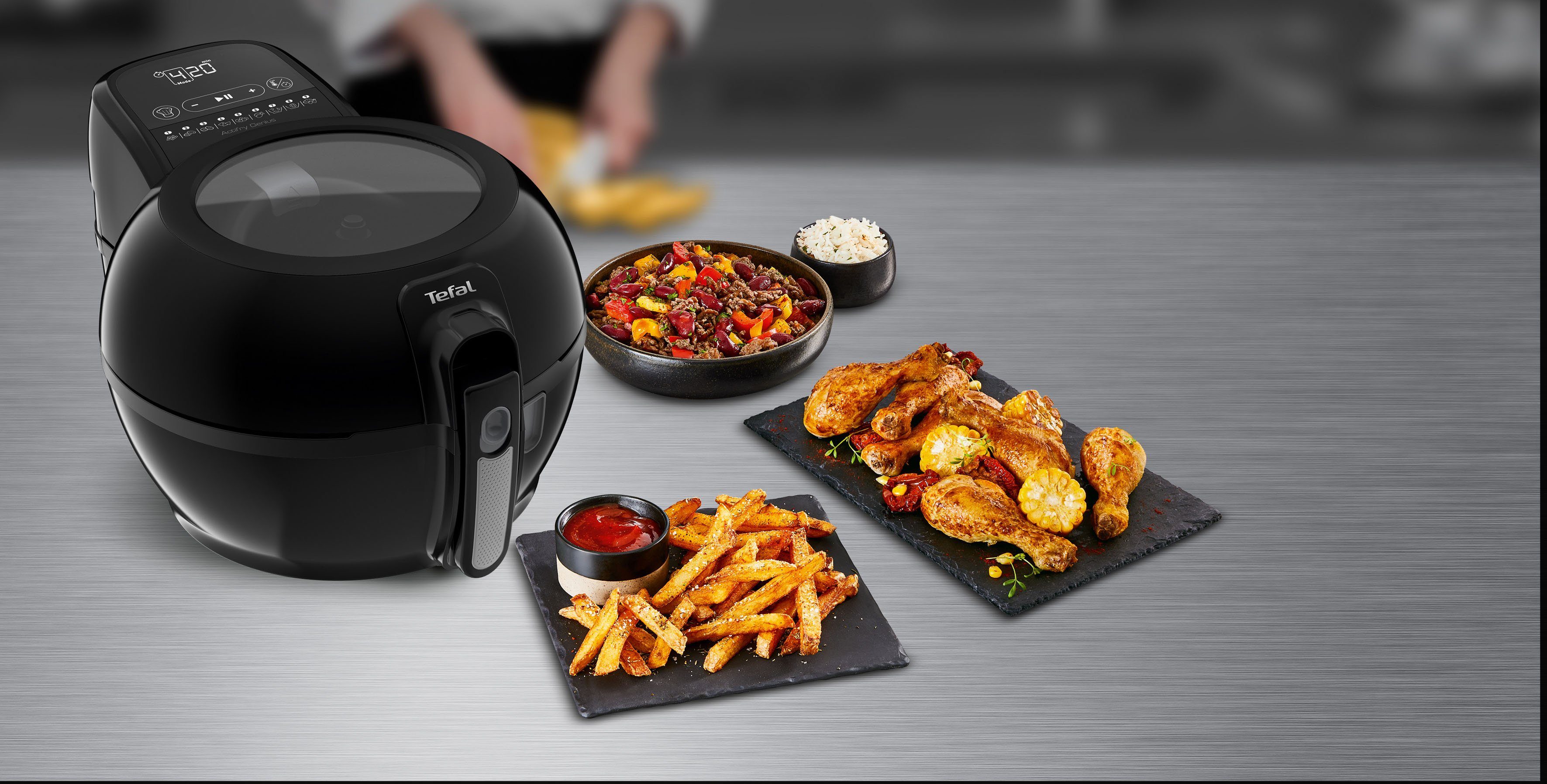 Tefal Heißluftfritteuse FZ7738 ActiFry Genius +, 1550 W, 1,2 kg, Timer, 9 automatische Menüs, Rührarm-System, FZ7738