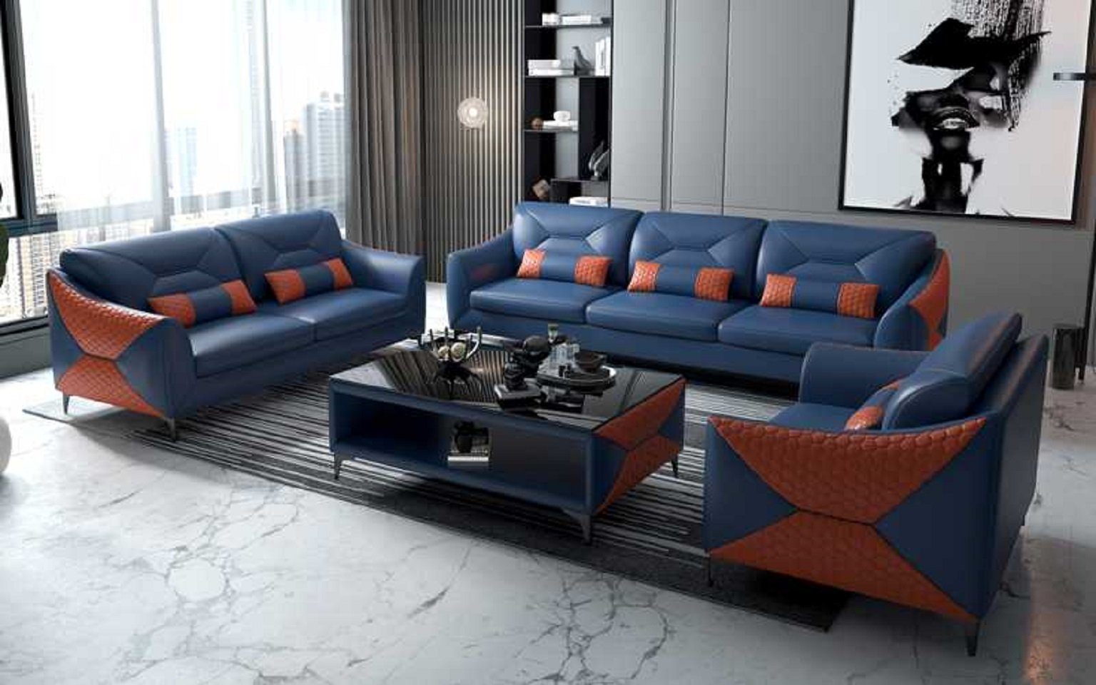 JVmoebel Wohnzimmer-Set Modern Sofagarnitur Couchgarnitur 321 Sitzer Sofas, (3-St., Nur Sofa 2+3 Sitzer + Sessel), Made in Europe Blau