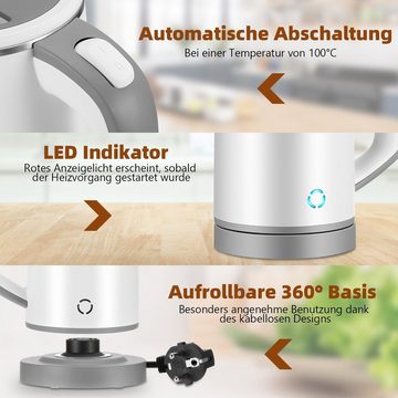 LETGOSPT Wasserkocher 0,8 l, 600 W, Edelstahl-Wasserkocher, 100 °C, Doppelwandig, BPA-Frei, 600,00 W, 360° drehbar Wasserkocher