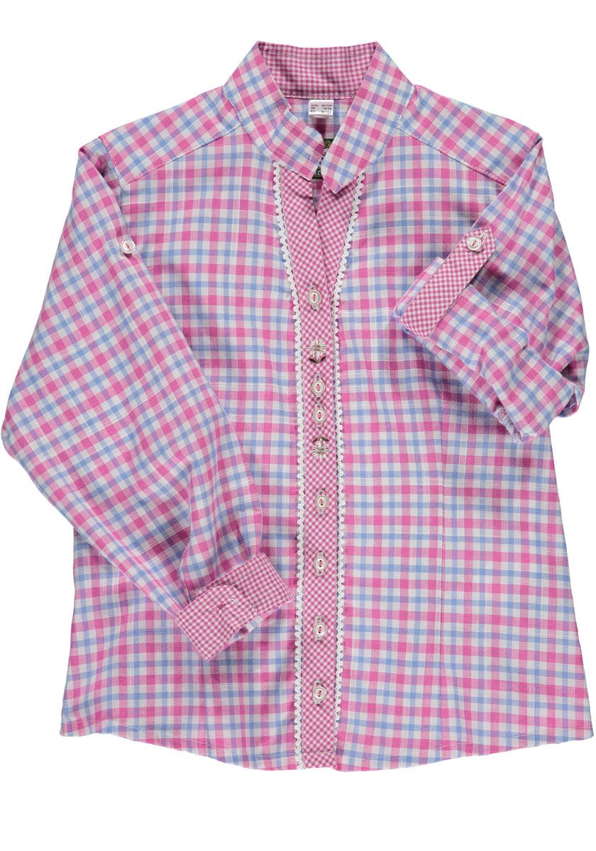 OS Trachten Trachtenbluse Xadora Regular Fit, Krempelarm, Stehkragen, Stickerei, Kontrast, Mädchenbluse