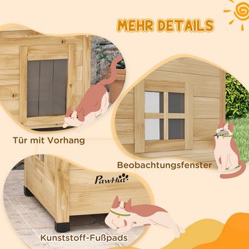 PawHut Tierhöhle Katzenhaus aus Holz, Katzenhütte Outdoor, Katzenhöhle mit Türvorhang, für Garten, Balkon, Gelb, 57 x 45 x 43 cm