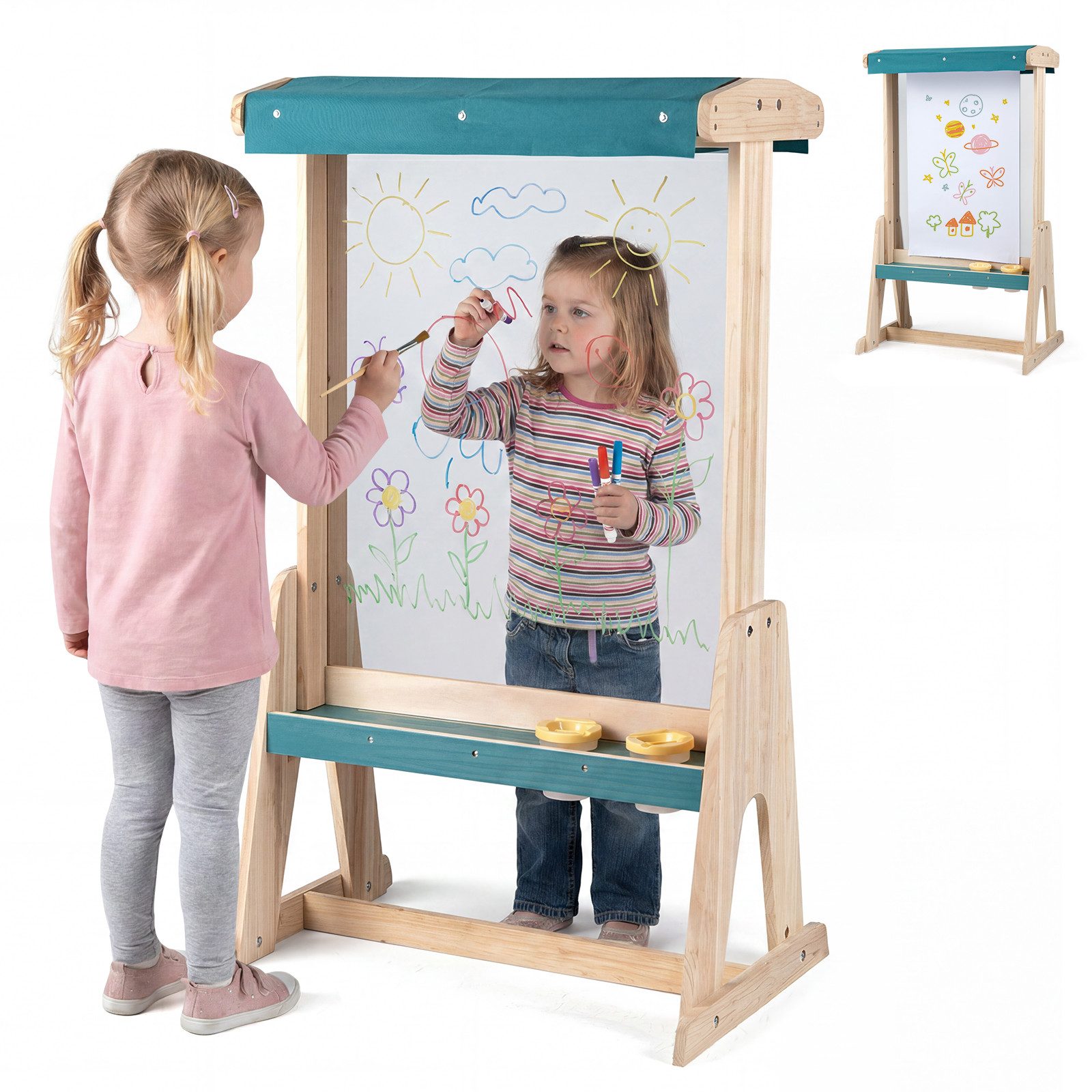 COSTWAY Standtafel, Staffelei für kinder mit Malplatte & Sonnendach