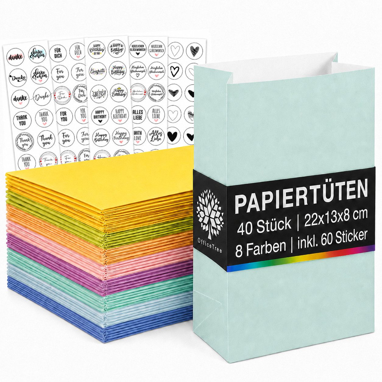 OfficeTree Tragetasche 40x Papiertüten Bunt - 8 Farben - 22x13x8 cm - inkl. 60 Sticker