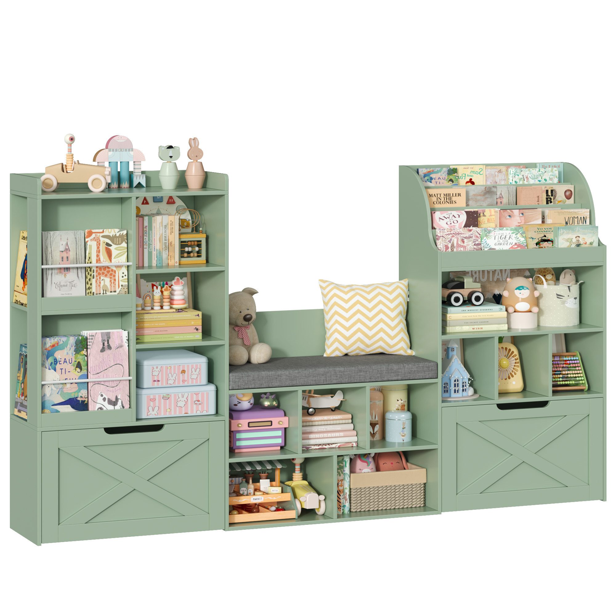 Homfa Kinderregal 179cm Sitzbank für Kinder mit 2 Schubladen auf Räder & Bücherregal, Spielzeugregal mit 17 offenen Fächern,Spielzeugtruhe 179,7x108x28cm