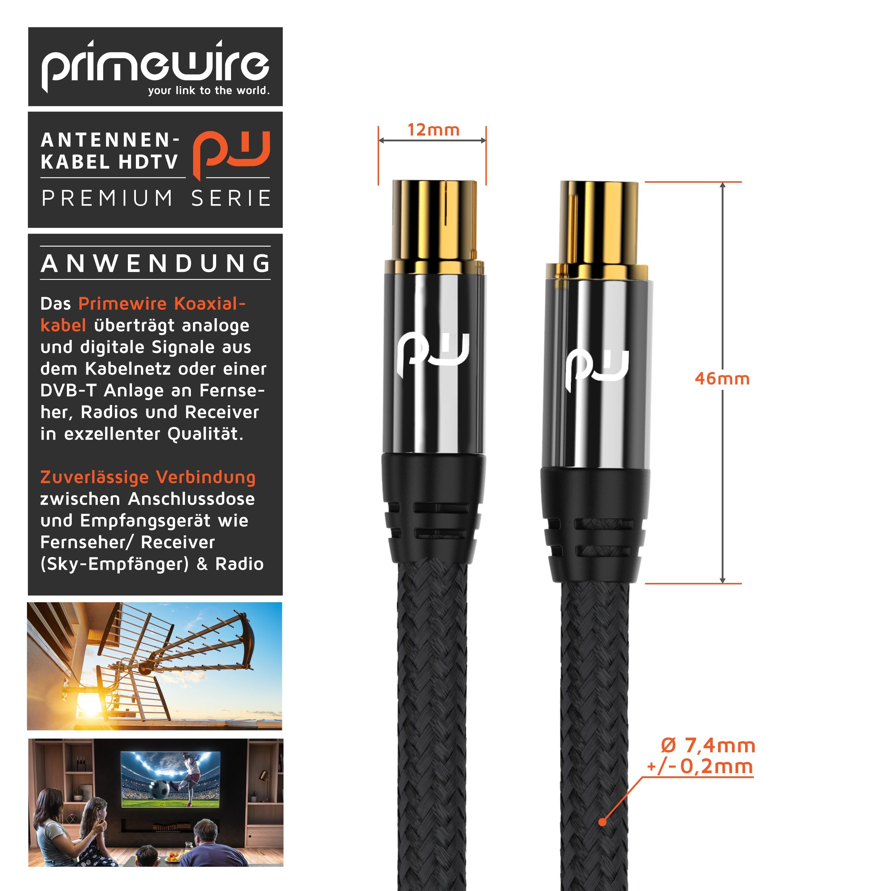 Primewire TV-Kabel, Koax, IEC Stecker, RF Buchse (50 cm), HDTV Antennenkabel, Braiding, 2-fach Schirmung, 75 Ohm / 135 dB - 0,5m