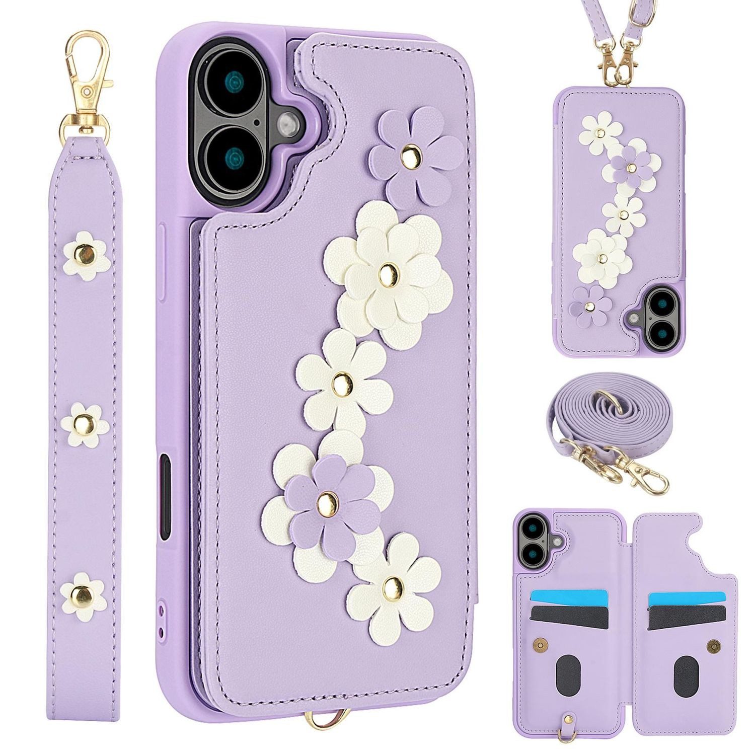 Wigento Handyhülle Für Apple iPhone 17 Hülle Crossbody Kunstleder mit Blumenmuster Lila, Mit Kartenfächern, Gurt, Kickstand-Funktion