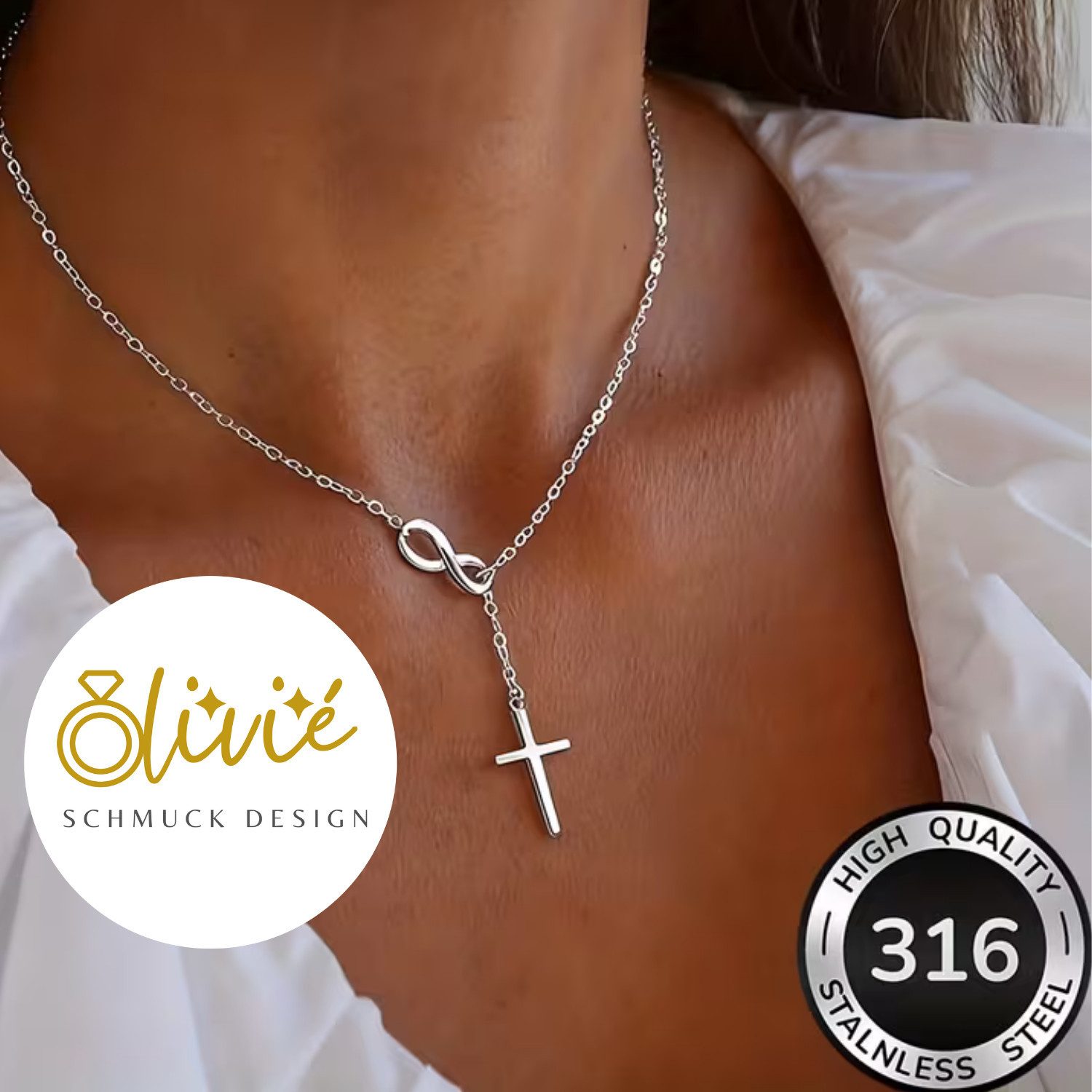 XCOAST Statementkette Infinity Grace Damen Kreuzkette – Unendlichkeitsschleife & Kreuz, Silber elegant minimalistisch