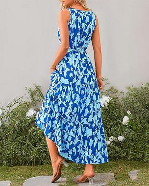 BlauWave Druckkleid Lässiges, ärmelloses Kleid mit V-Ausschnitt und elastischer Taille (Bequeme Passform, 1-tlg., Für den Alltag unterwegs) Niedliches langes Sommerkleid mit Blumenmuster